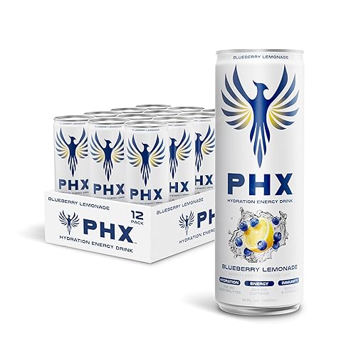 PHX Hydration Energy Drink - 700mg Electrolytes, 200mg Natural Green Tea Caffeine, 100% Daily Value 8 Essential Vitamins - 12 oz Cans (12 Pack) (12