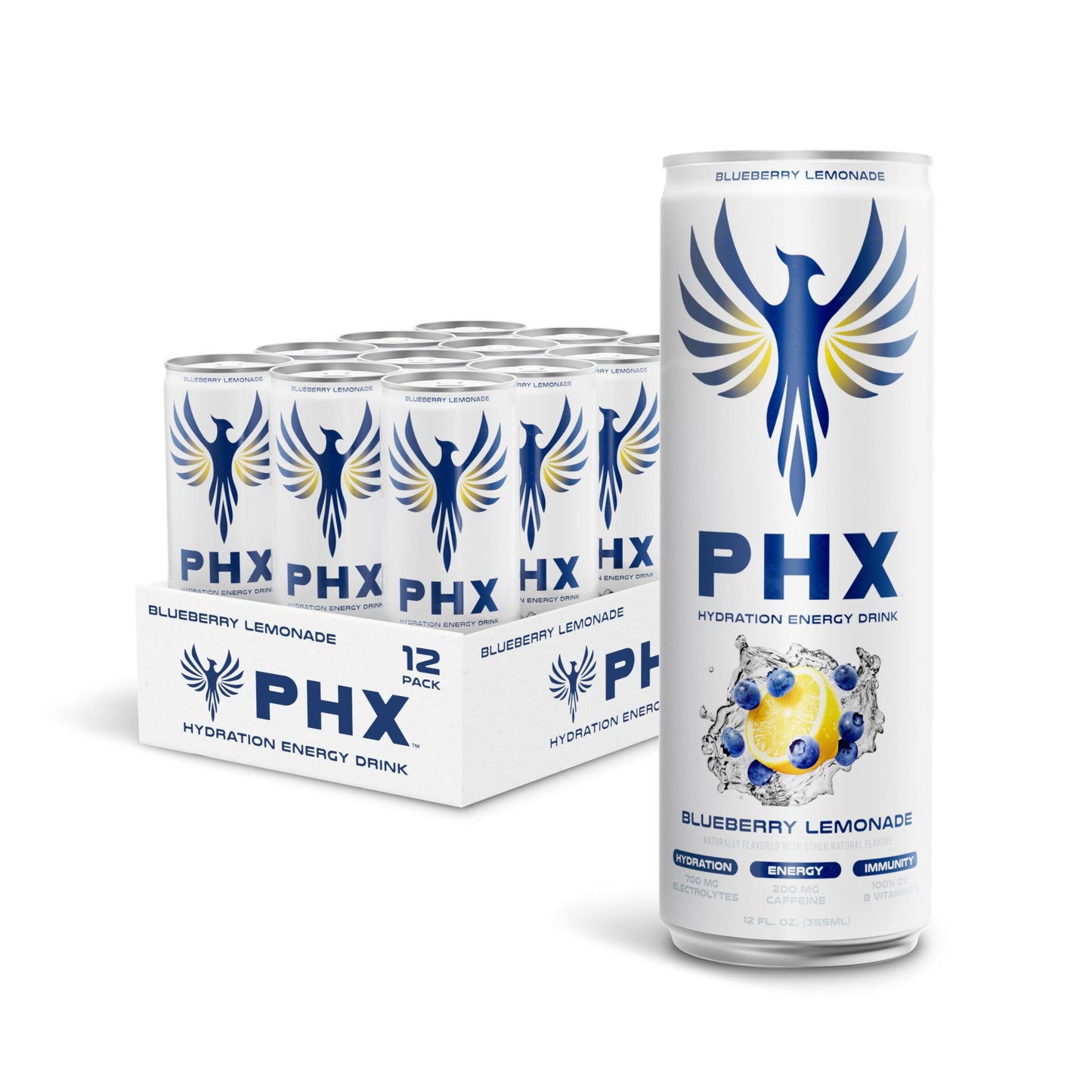 PHX Hydration Energy Drink - 700mg Electrolytes, 200mg Natural Green Tea Caffeine, 100% Daily Value 8 Essential Vitamins - 12 oz Cans (12 Pack) (12