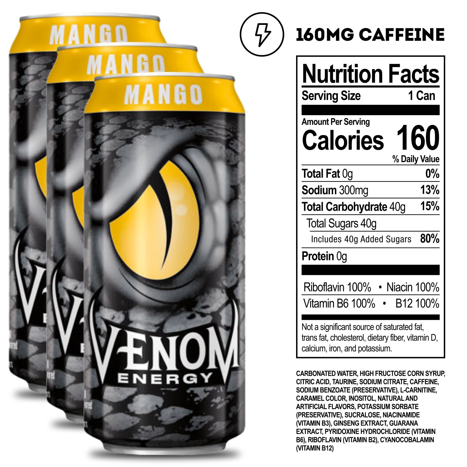 Venom Energy Drink, Mango, 0 Fat, 160mg Caffeine, 16 Fl Oz (Pack of 12) By LastFuel.
