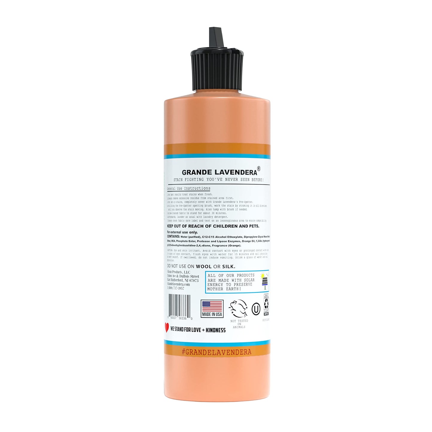 Grande Lavendera® Magic Stain Removal Liquid for Clothes, Orange Scented, Enzyme-Based Remover for Grease, Paint, Fabric and Shirts - 16 Fl oz