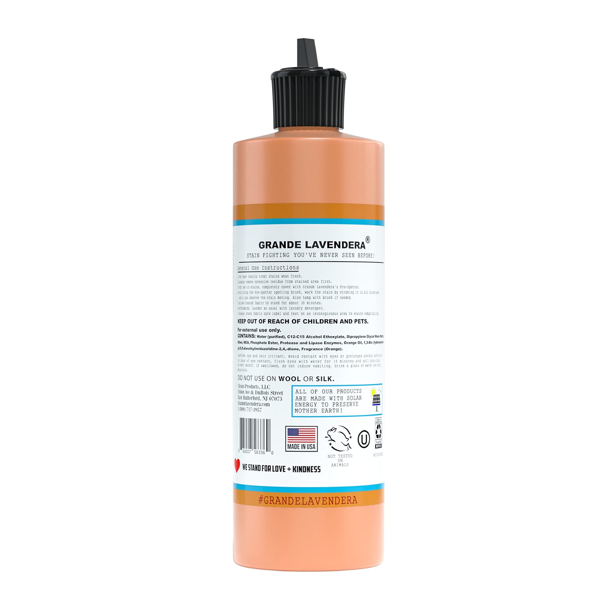 Grande Lavendera® Magic Stain Removal Liquid for Clothes, Orange Scented, Enzyme-Based Remover for Grease, Paint, Fabric and Shirts - 16 Fl oz