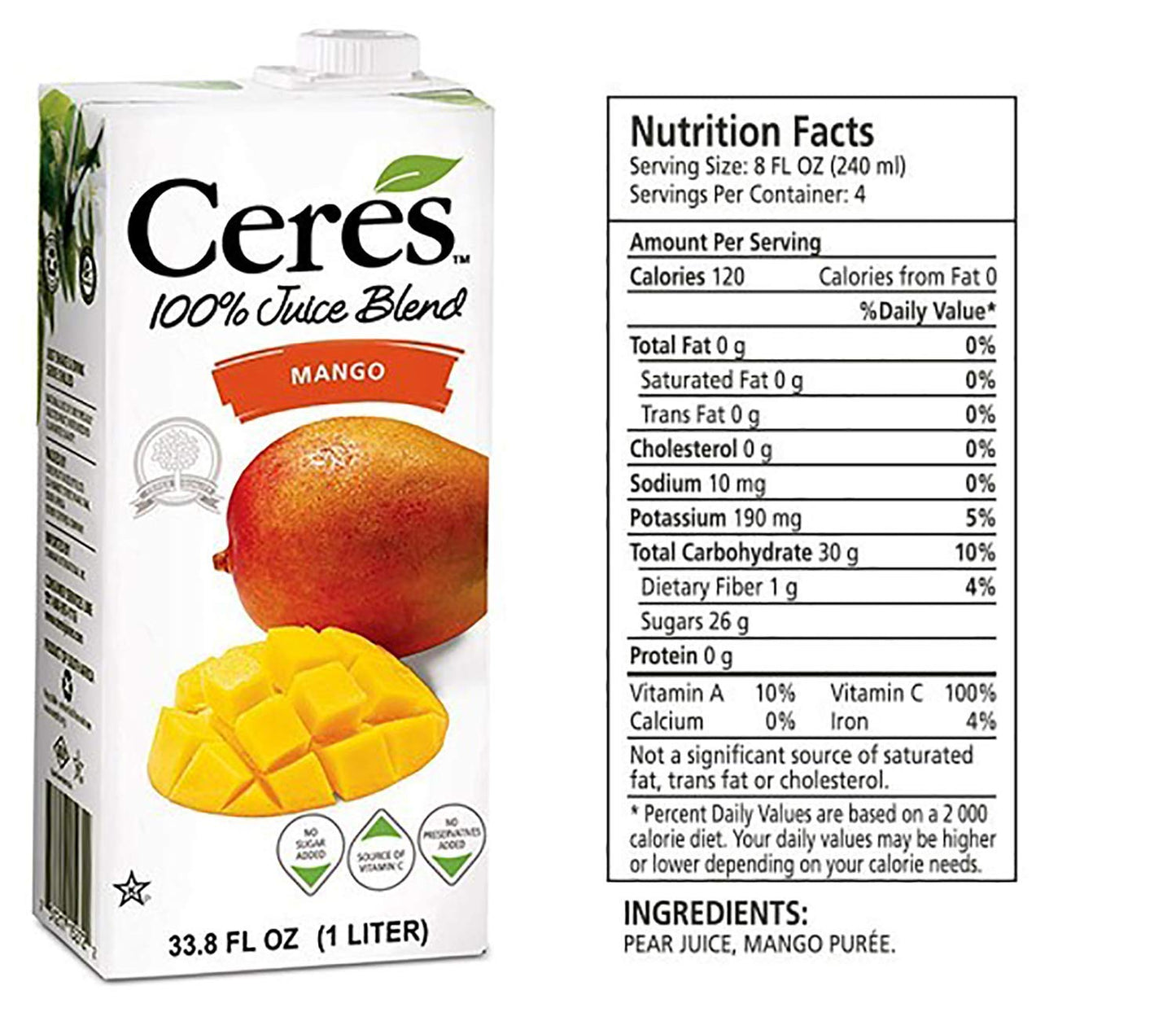 Ceres 100% All Natural Pure Fruit Juice Blend, Mango - Gluten Free, Rich in Vitamin C, No Added Sugar or Preservatives, Cholesterol Free - 33.8 FL OZ