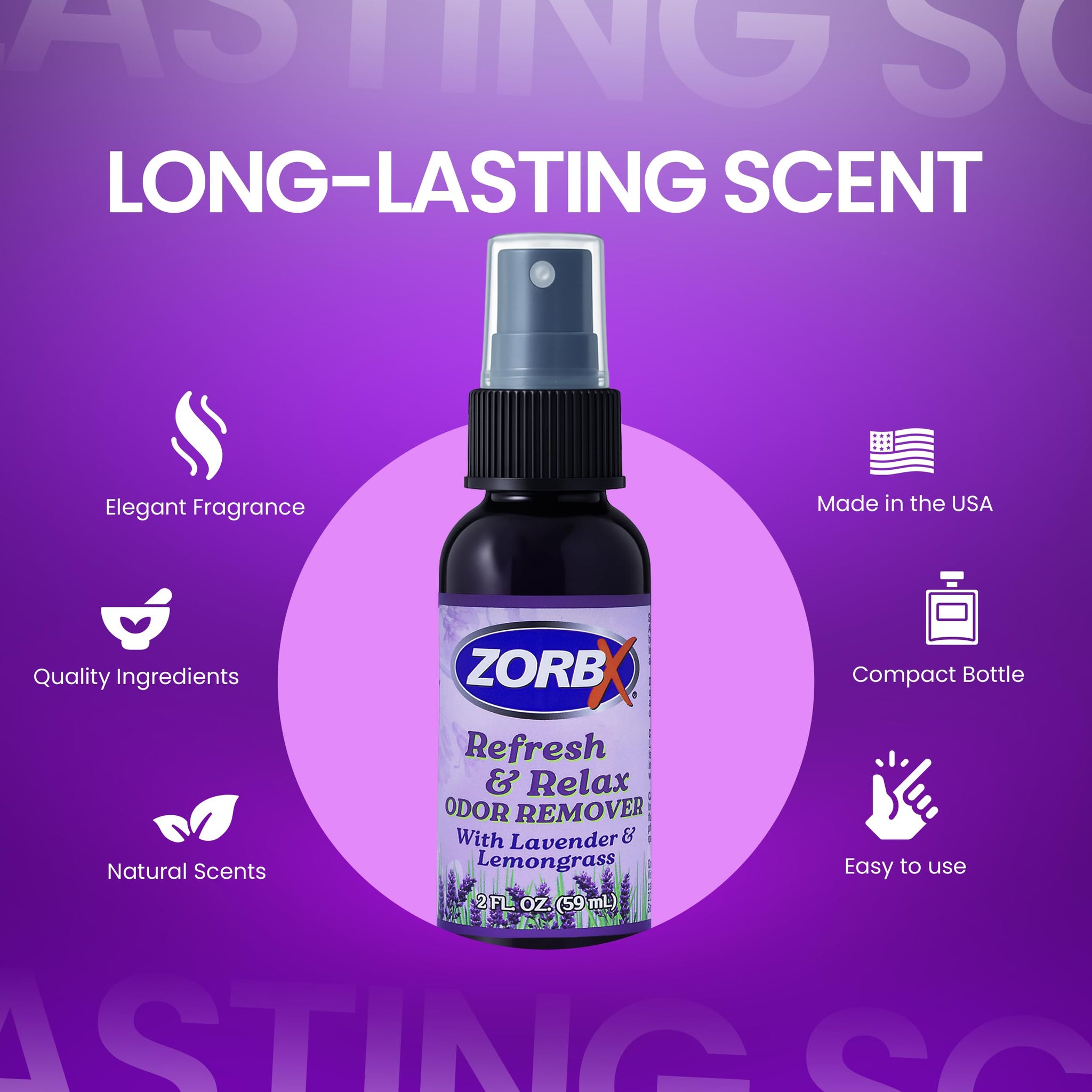 ZORBX Refresh & Relax 2 Oz Odor Remover Spray with Lavender & Lemongrass - Permanent Solution Room Freshener & Air Freshener Spray for Home, Bathroom