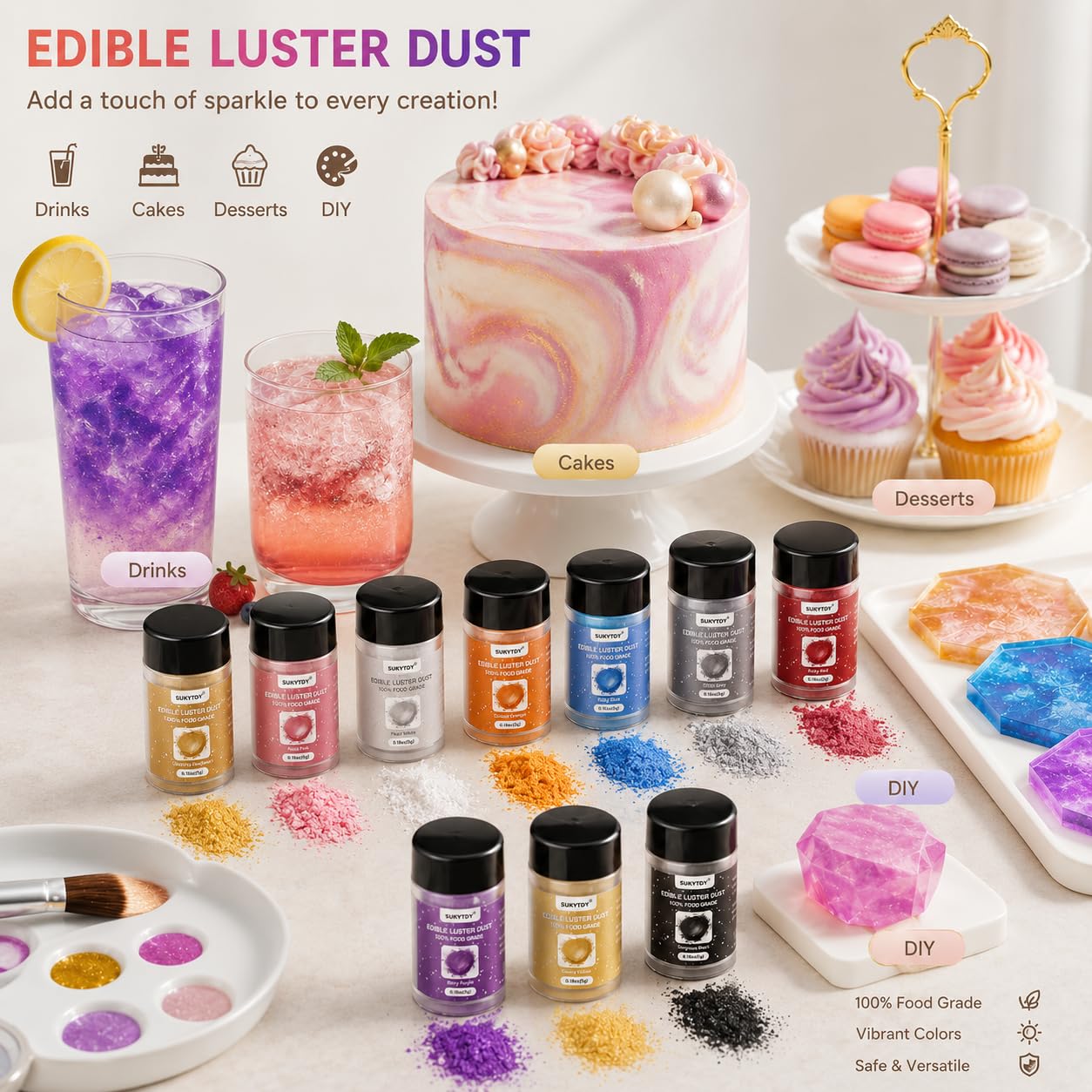 Edible Glitter for Cocktails and Cakes, 12 Colors x 5g Food Grade Shimmer Luster Dust Edible Set, Food Glitter for Drinks Cookies Chocolate