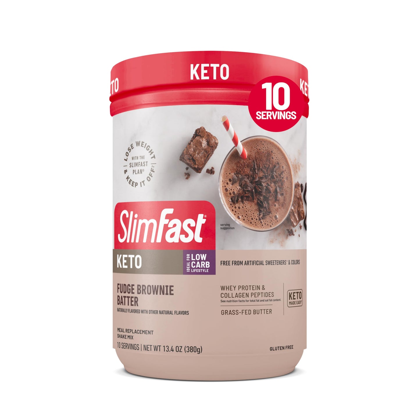 SlimFast Keto Meal Replacement Shake, Fudge Brownie Batter, Low Carb Keto Protein Powder with Collagen & Whey, No Sugar Added, Gluten Free, Weight