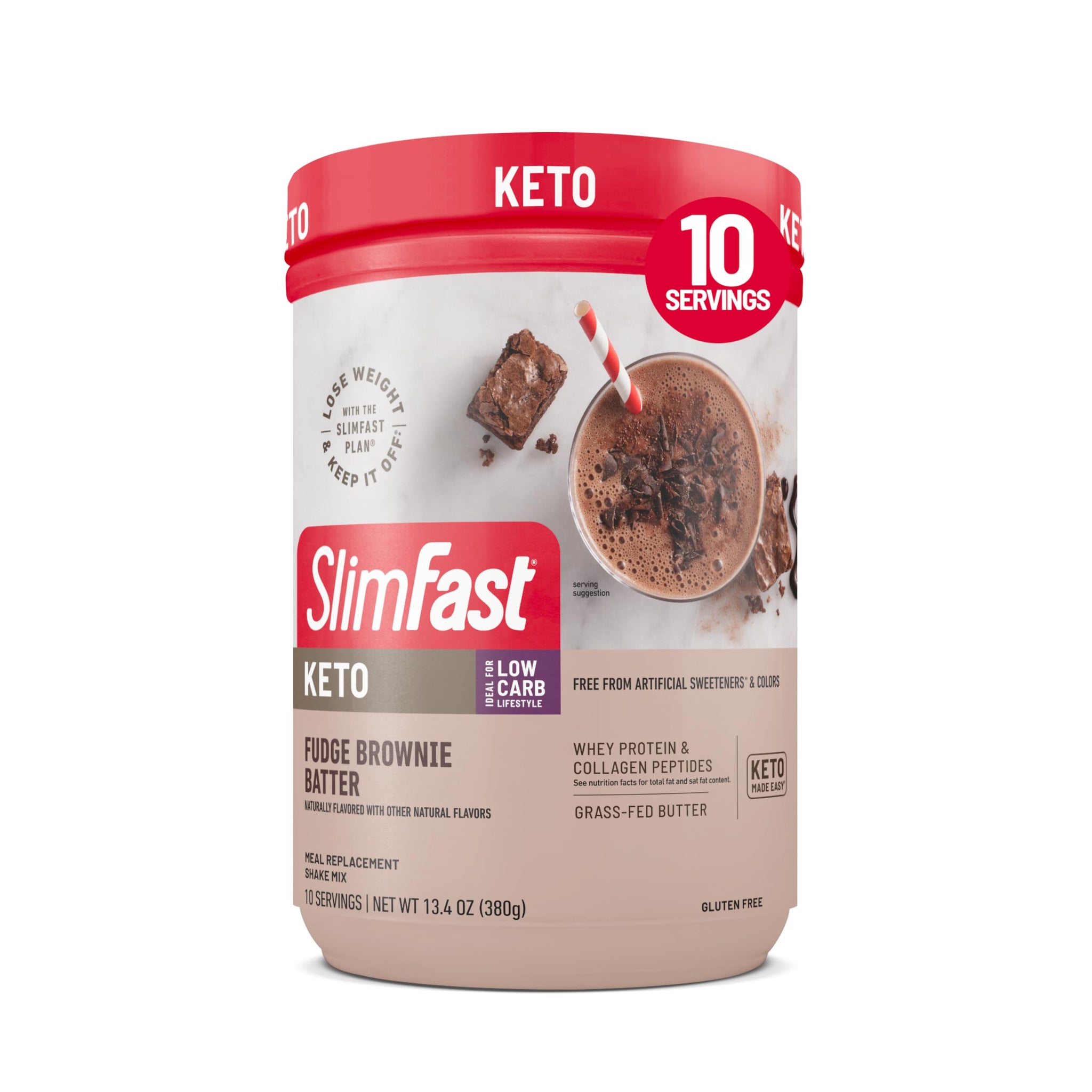 SlimFast Keto Meal Replacement Shake, Fudge Brownie Batter, Low Carb Keto Protein Powder with Collagen & Whey, No Sugar Added, Gluten Free, Weight