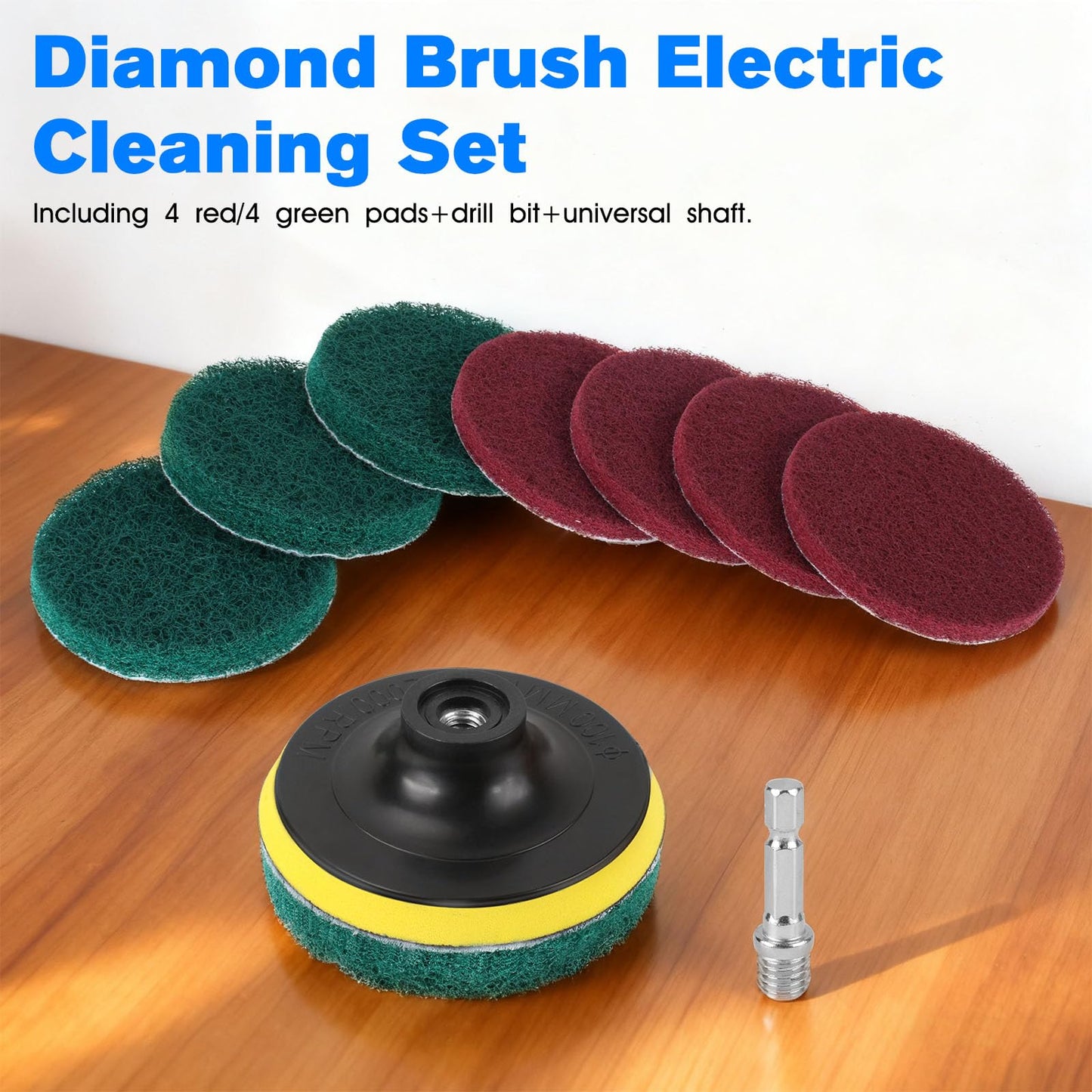 4-Inch Scrub Drill Brush Power Scouring Pads Household Cleaning Set 4 Red Pads 4 Green Pads 1 Drill Attachment and 1 Universal Shaft for Kitchen