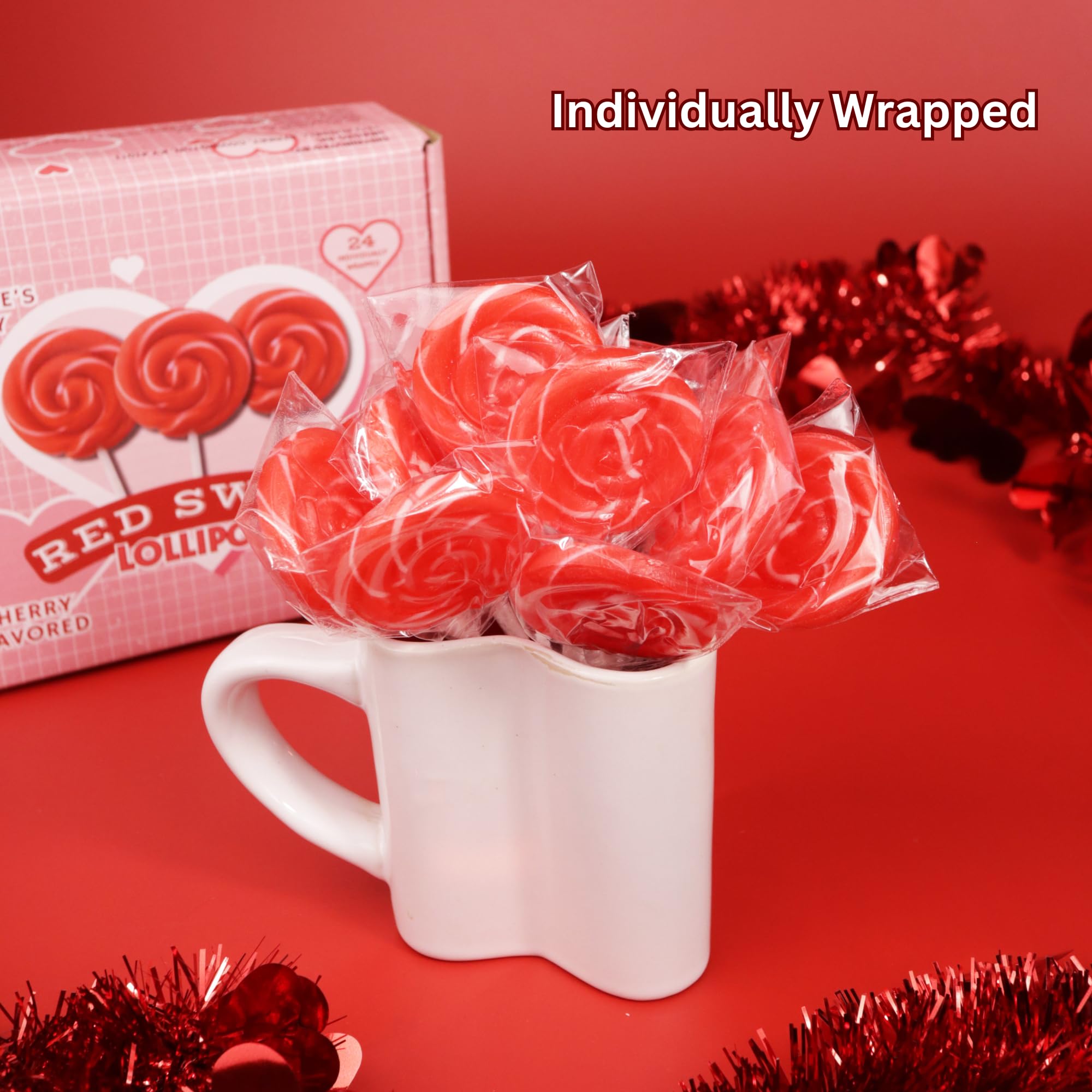 Red Swirl Lollipops, 24 Count Classic Hard Candy Suckers, Individually Wrapped Sweet Treats for Snacking, Parties, Buffets, and Everyday Enjoyment