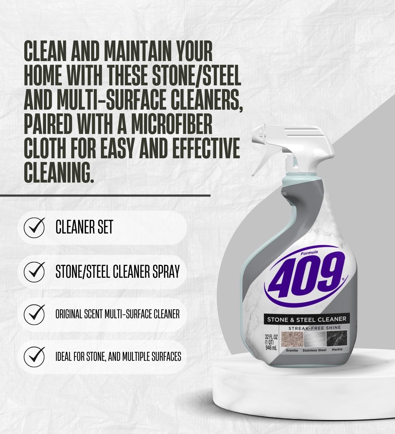 Formula 409 Stone/Steel Cleaner 32 oz Spray and Formula 409 Original Scent Multi-Surface Cleaner Liquid 64 oz Bundle with Microfiber Auto Cleaning