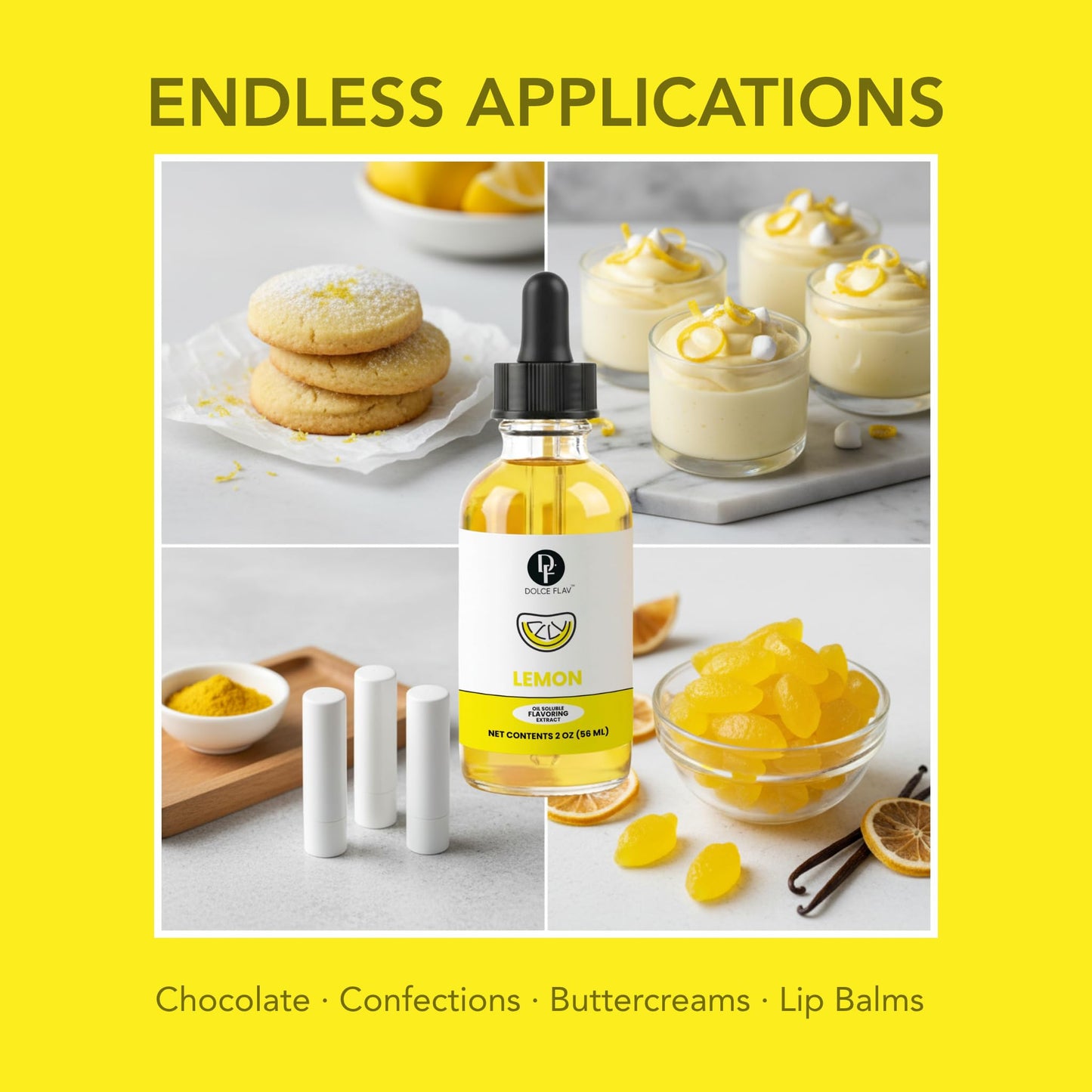 Lemon Flavor Concentrate for Food & Cosmetics - 2 Oz. Multipurpose Lemon Flavouring Oil for Lip Gloss, Pastries, & Candies in Glass Bottle