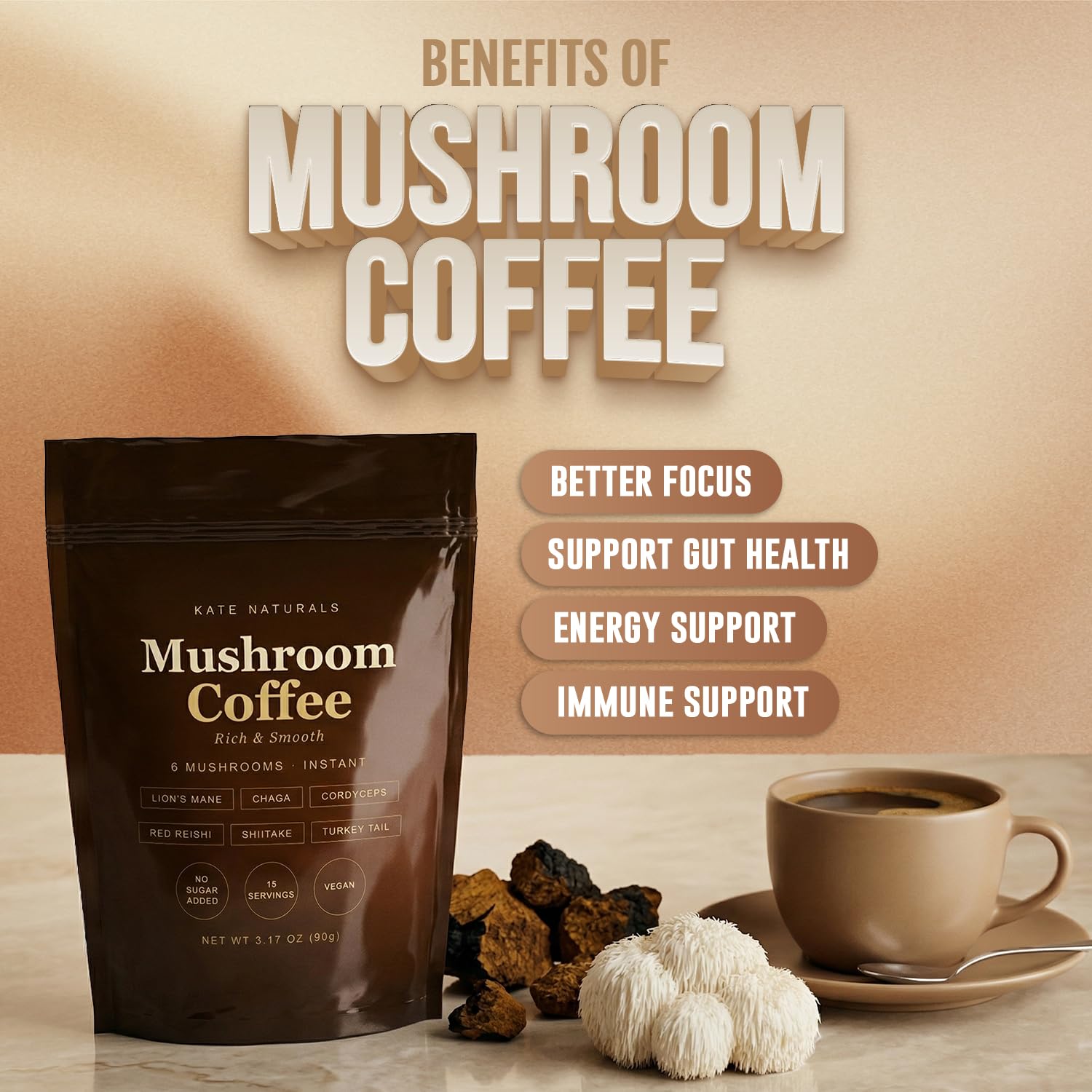 Kate Naturals Mushroom Coffee Instant (30 Servings, 6.35oz) Organic Lion's Mane, Chaga, Cordyceps, Red Reishi, Turkey Tail, Shiitake & Agave Inulin