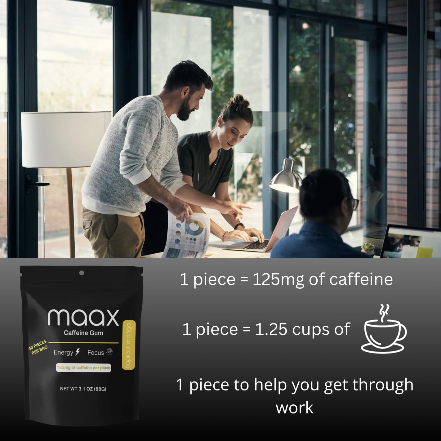 Maax Caffeine Energy Gum | 125mg of caffeine per piece | Tropical Mango | 40 pieces per bag