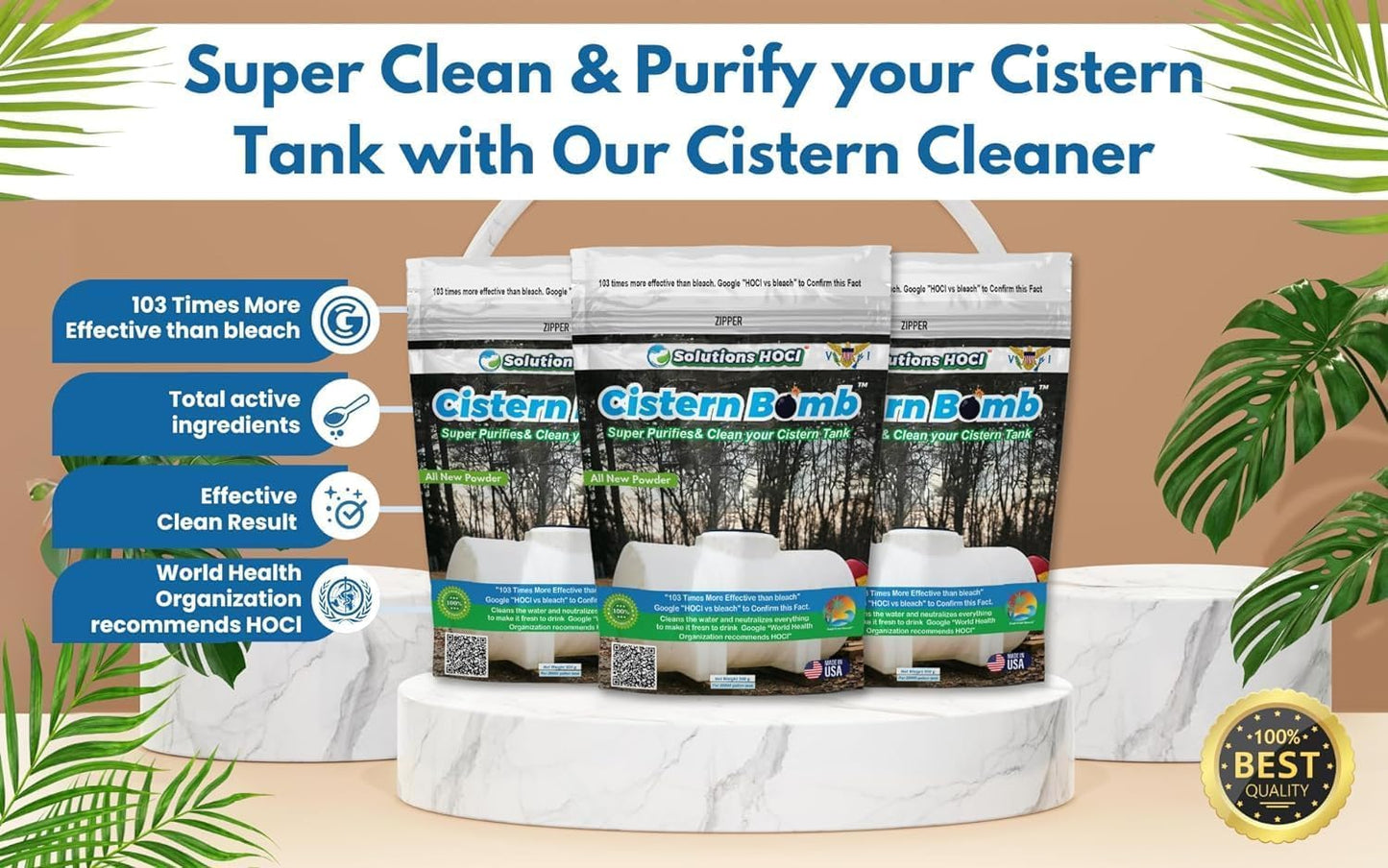 Solutions HOCL Power Clean with HOCL Cistern Tank Cleaner - Cistern Tank Bomb Cleaning Super Cleans your Cistern (100 Gram - Treats 5,000 Gallons)