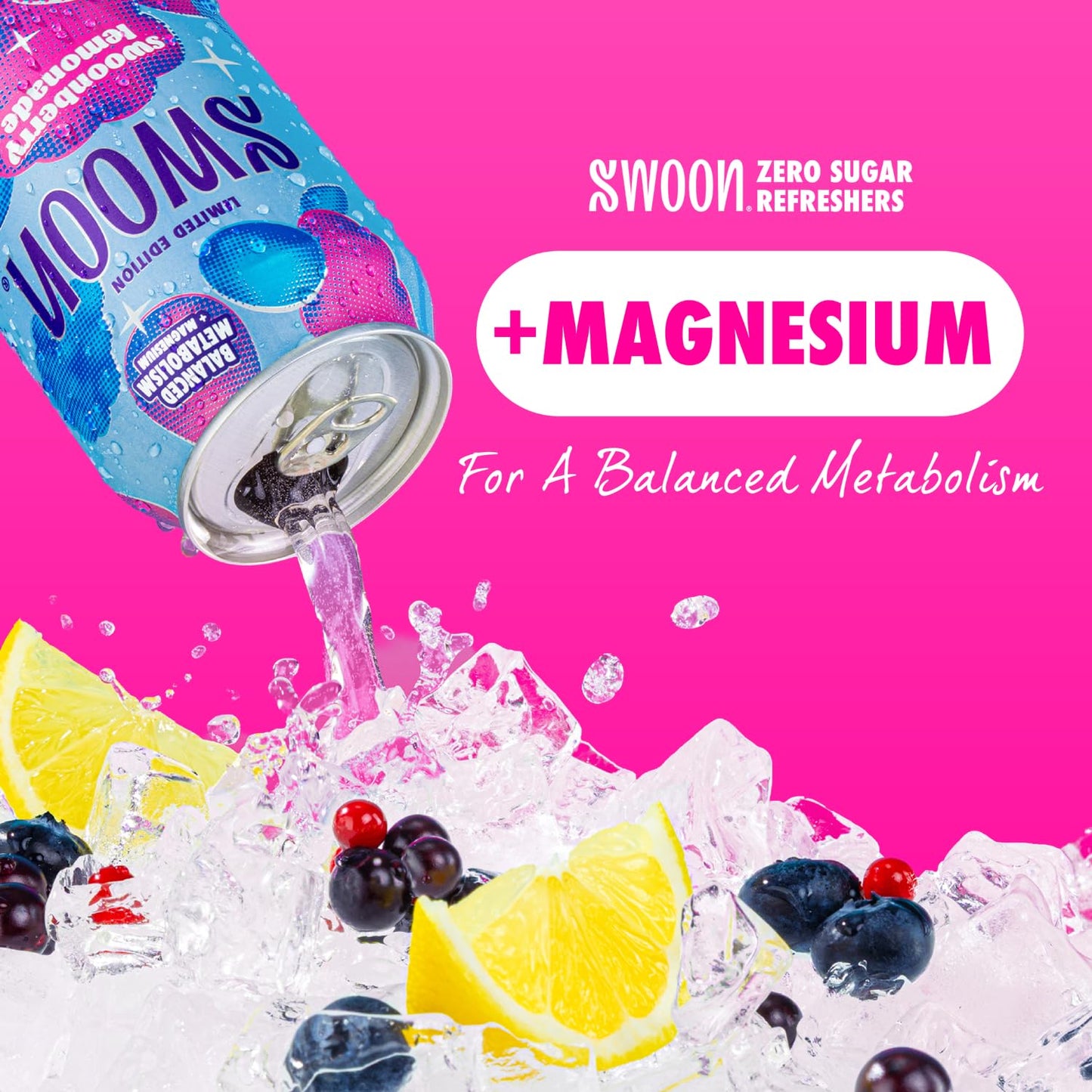 Swoon Swoonberry Lemonade - Zero Sugar Lemonade Drink with Magnesium, Sugar Free Berry Flavor, Low Calorie Beverage, Healthy Soda Alternative, Sugar
