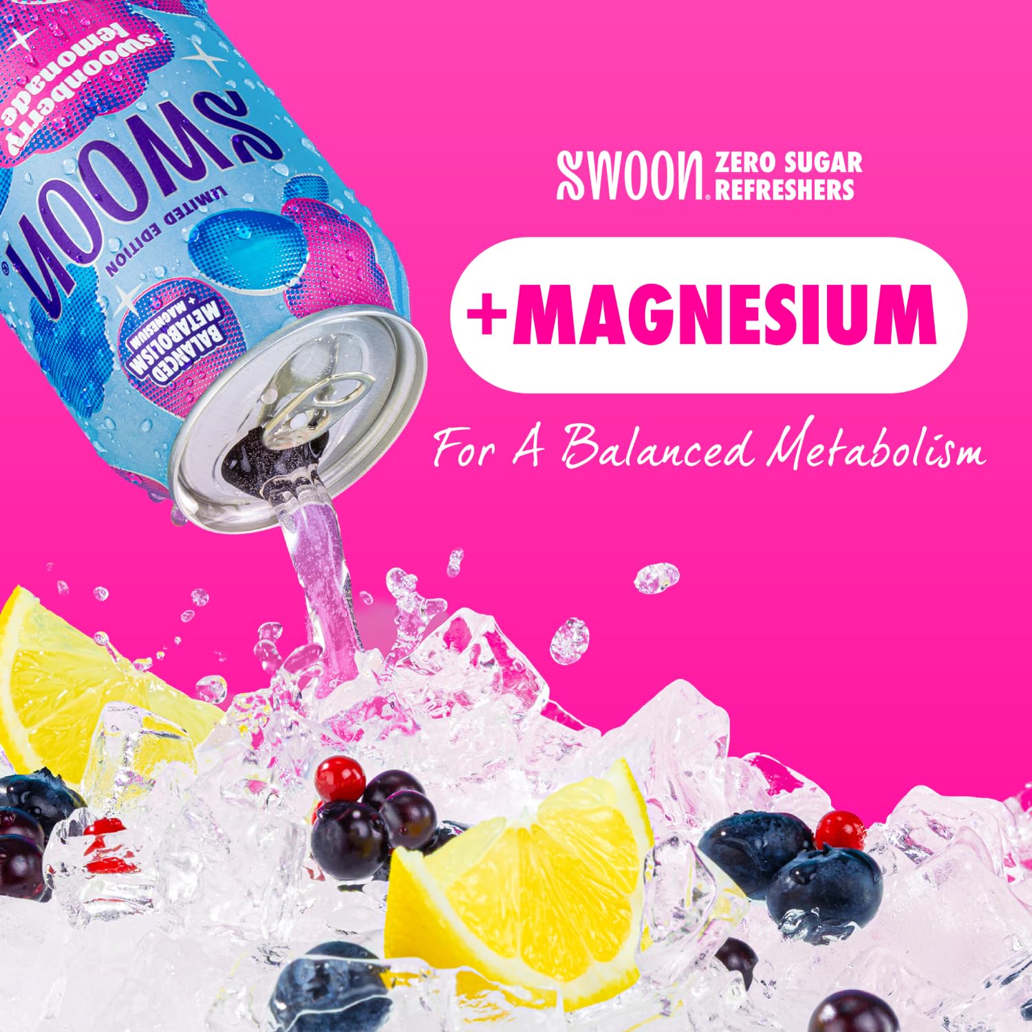 Swoon Swoonberry Lemonade - Zero Sugar Lemonade Drink with Magnesium, Sugar Free Berry Flavor, Low Calorie Beverage, Healthy Soda Alternative, Sugar
