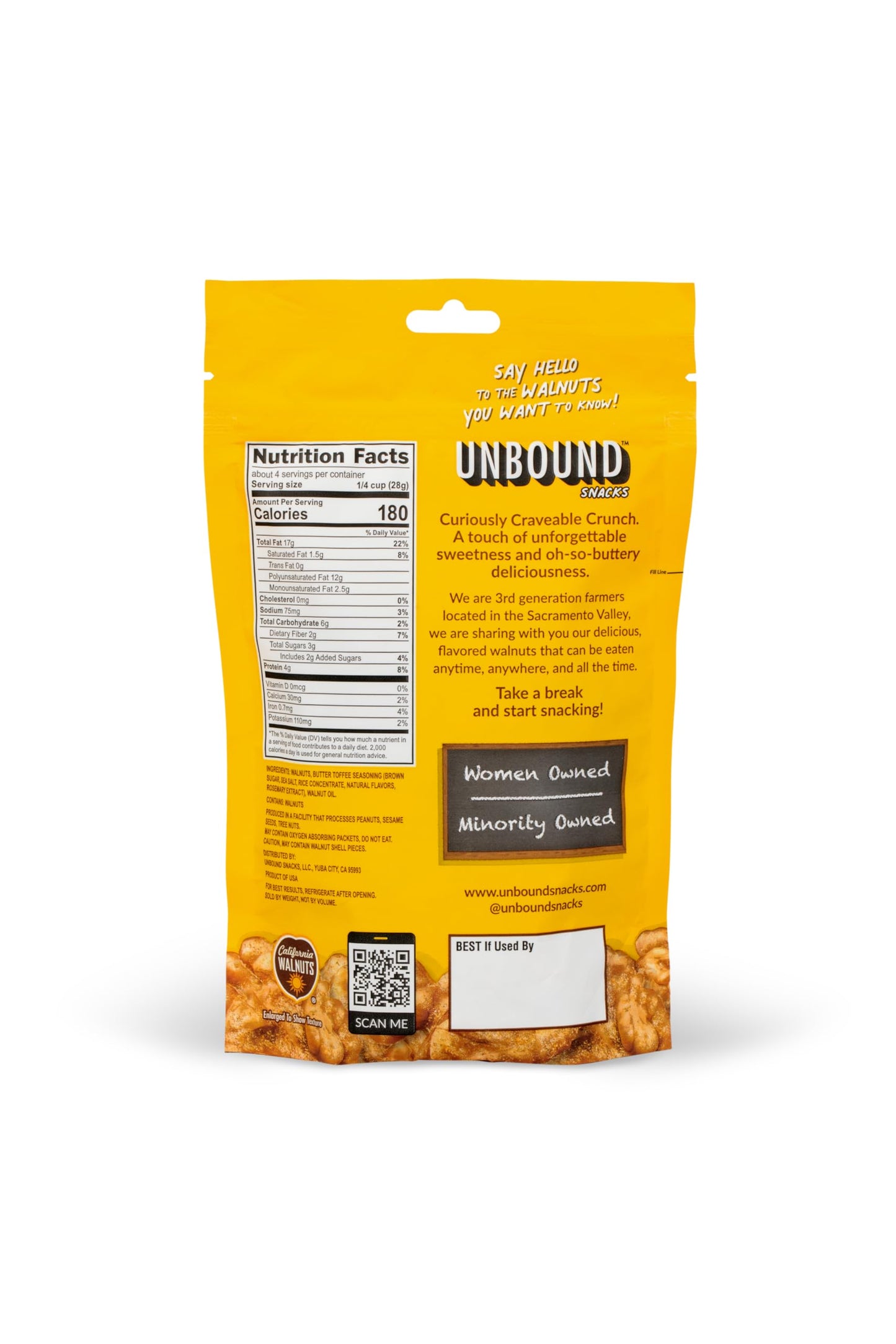 Unbound Snacks Flavored Nuts - Butter Toffee Walnuts, 4 oz (Pack of 4) - Healthy Snacks, 4g Protein, 3g Sugar, High in Omega 3, Gluten Free, Vegan