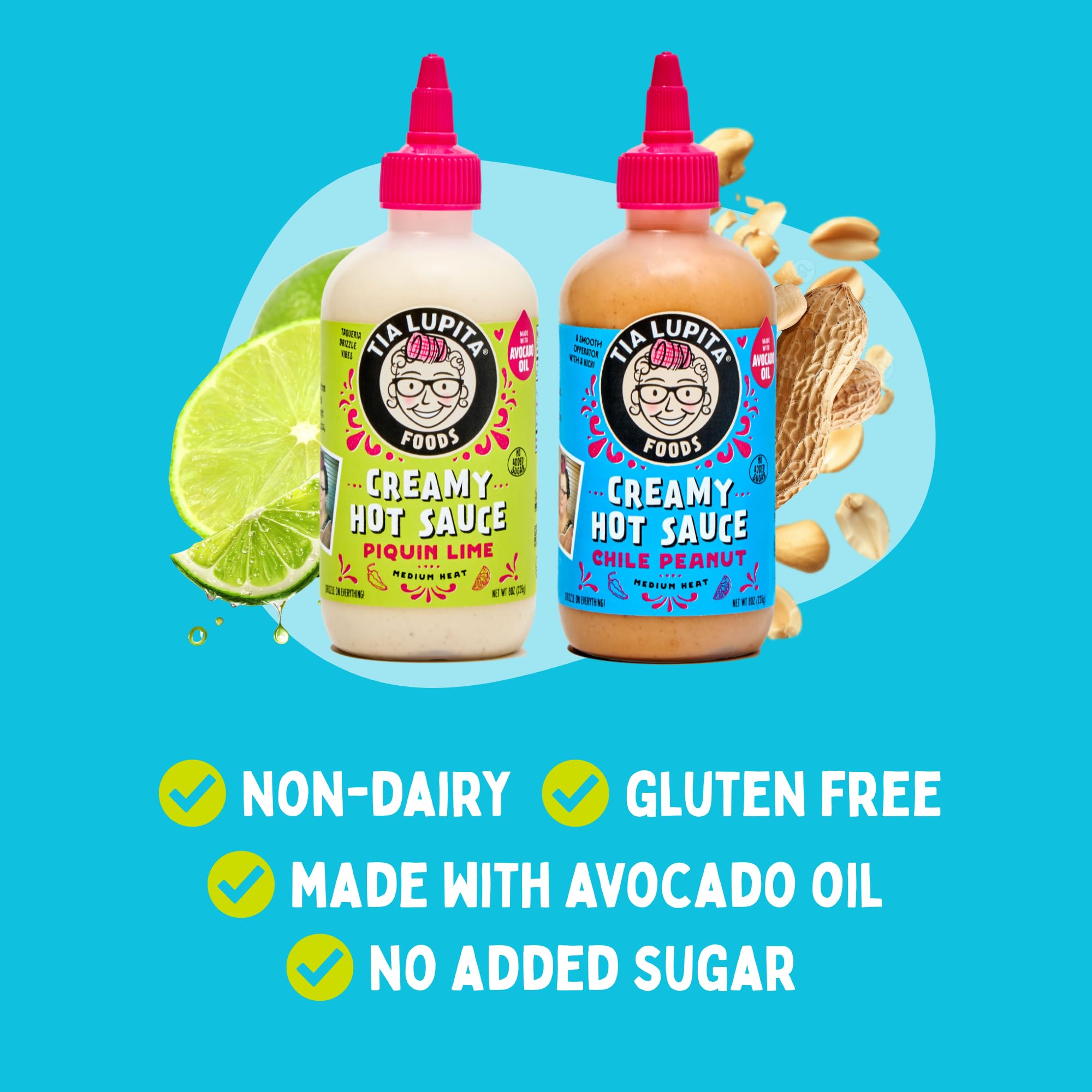 Tia Lupita Creamy Hot Sauce Chile Peanut | Gluten-Free, Non Dairy Made with Avocado Oil, No Added Sugar | 8 Ounce Squeeze Bottle (Pack of 2)