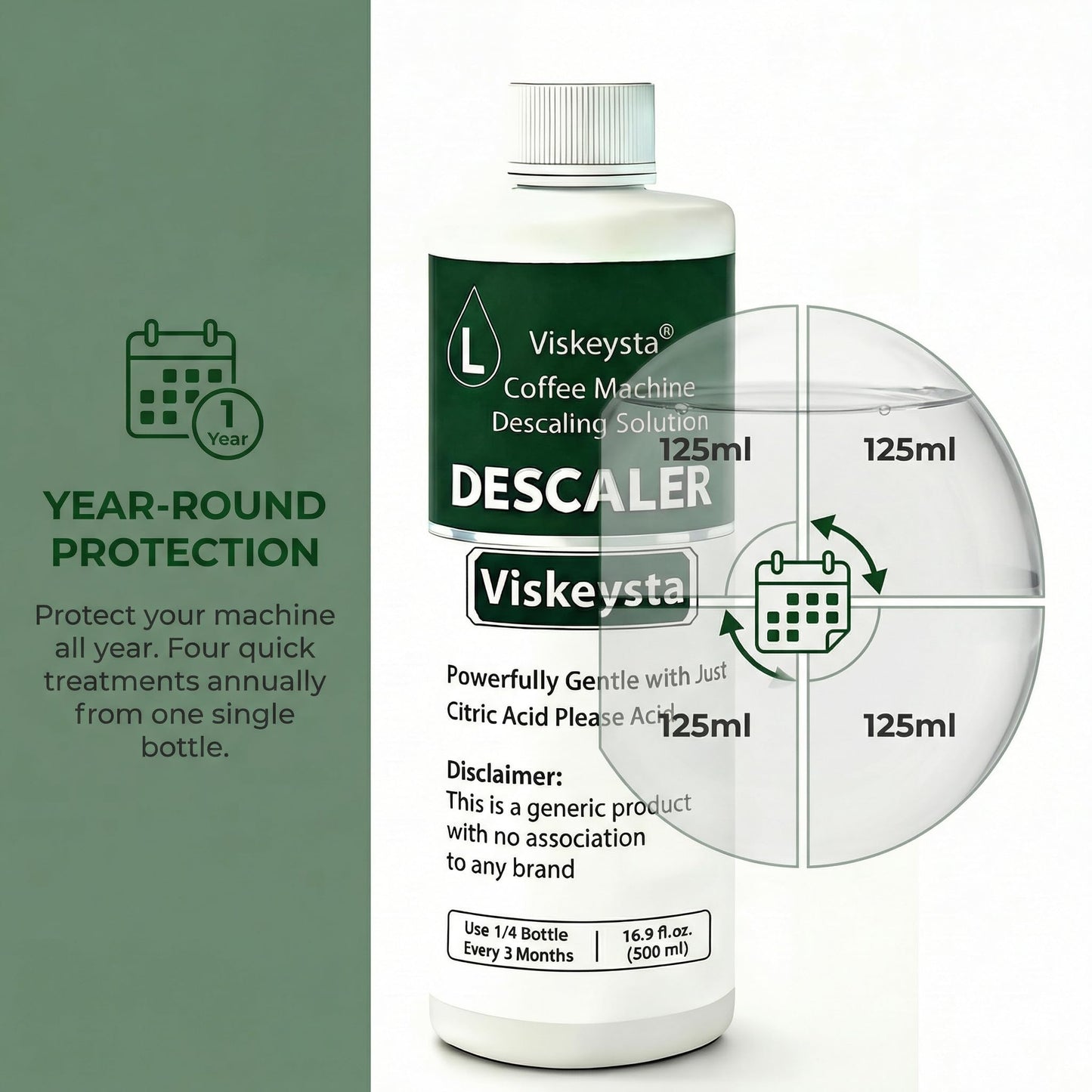 Viskeysta Gentle Descaling Compatible with Coffee Machines, 500ml Bottle for 4 Uses