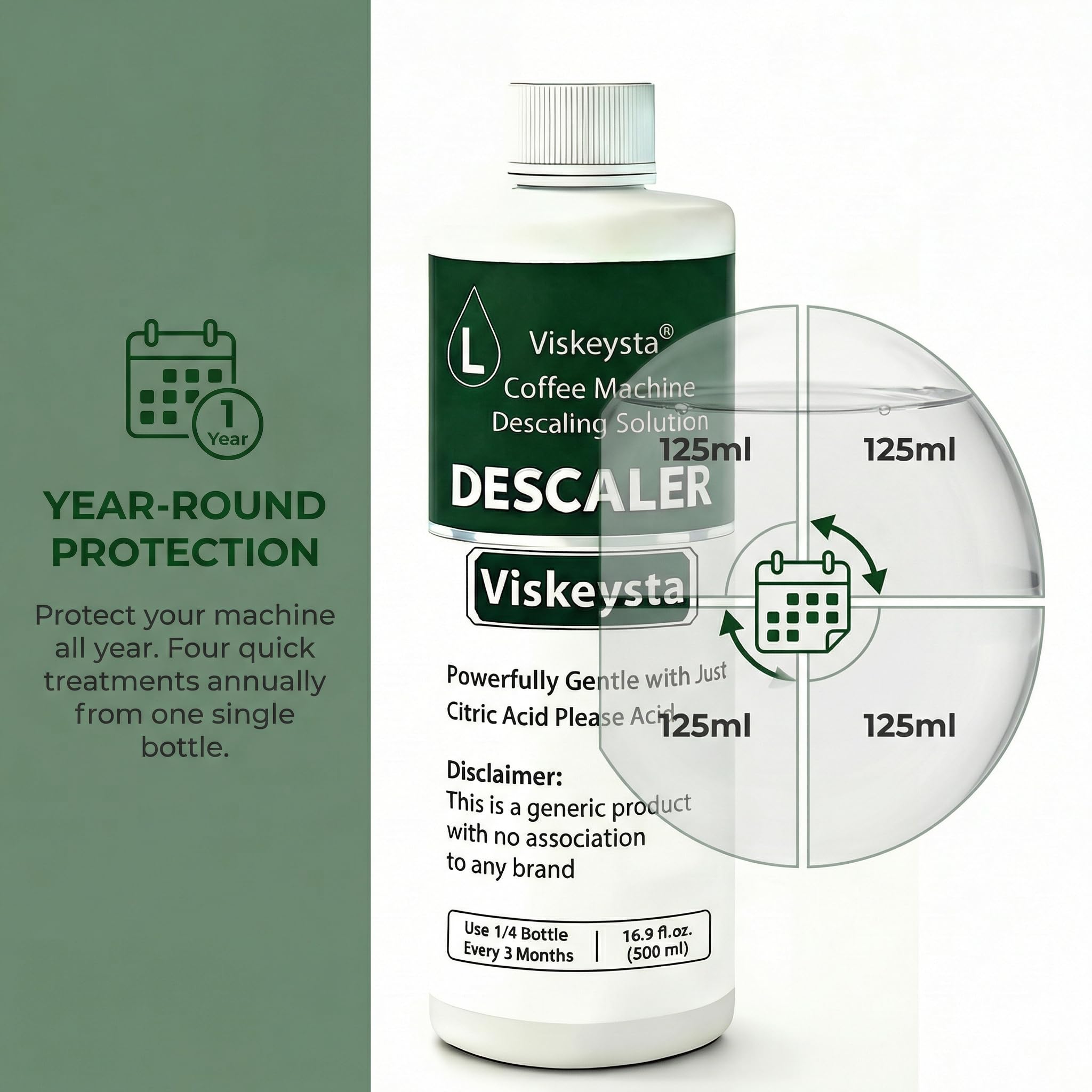 Viskeysta Gentle Descaling Compatible with Coffee Machines, 500ml Bottle for 4 Uses