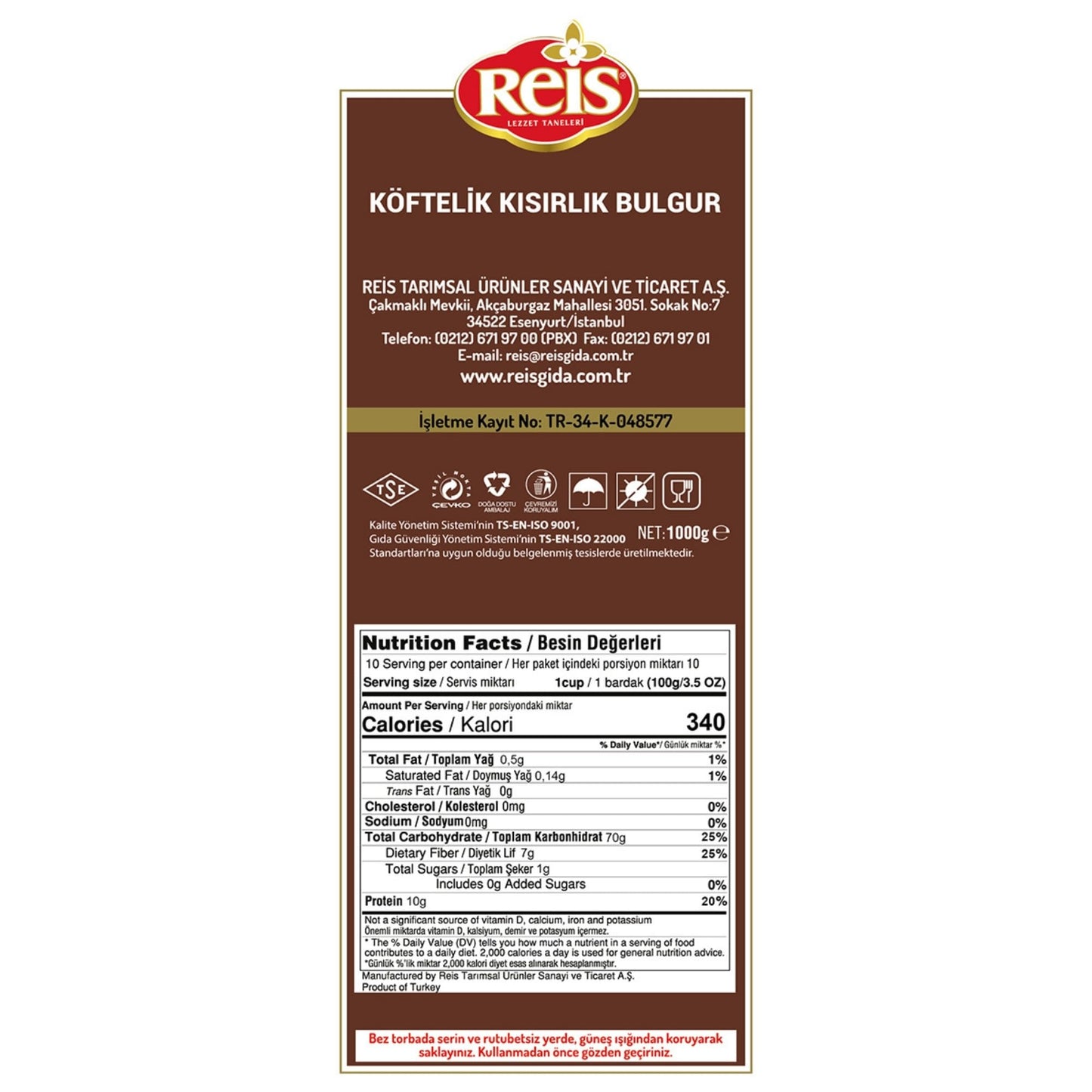 Reis Fine Bulgur, Wheat Berries, Bulgur Wheat for Salads, Meatballs & Meals, Turkish Grocery Foods, High Fiber & Protein Cereal, Whole Grain Bag, Non-GMO, Bulk, Vegan, Halal 2.2 Lbs (1000g)