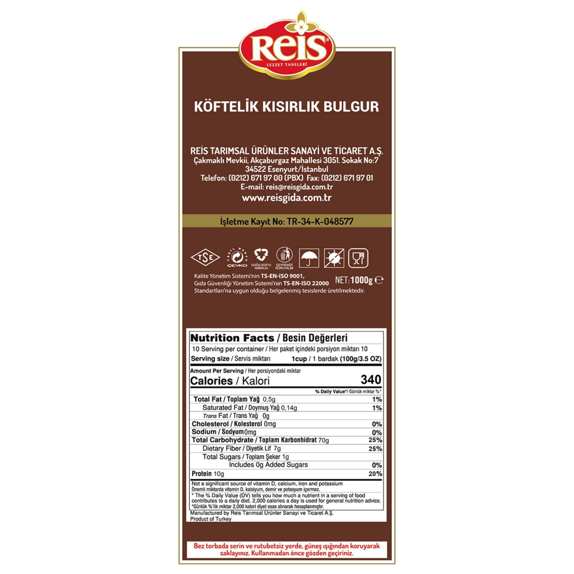 Reis Fine Bulgur, Wheat Berries, Bulgur Wheat for Salads, Meatballs & Meals, Turkish Grocery Foods, High Fiber & Protein Cereal, Whole Grain Bag, Non-GMO, Bulk, Vegan, Halal 2.2 Lbs (1000g)