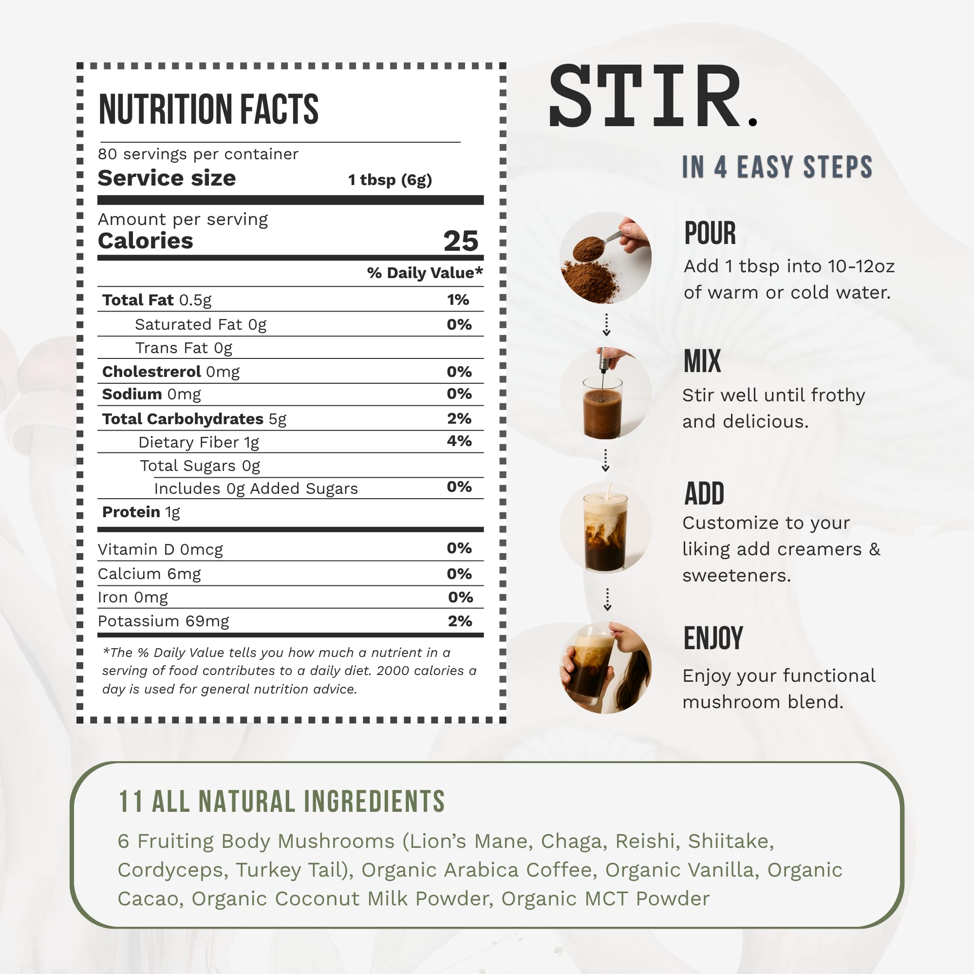 STIR Premium Instant Mushroom Coffee | Lion’s Mane, Chaga, Reishi, Cordyceps, Shiitake, Turkey Tail | Organic Cacao, Vanilla, Coconut MCTs | Focus