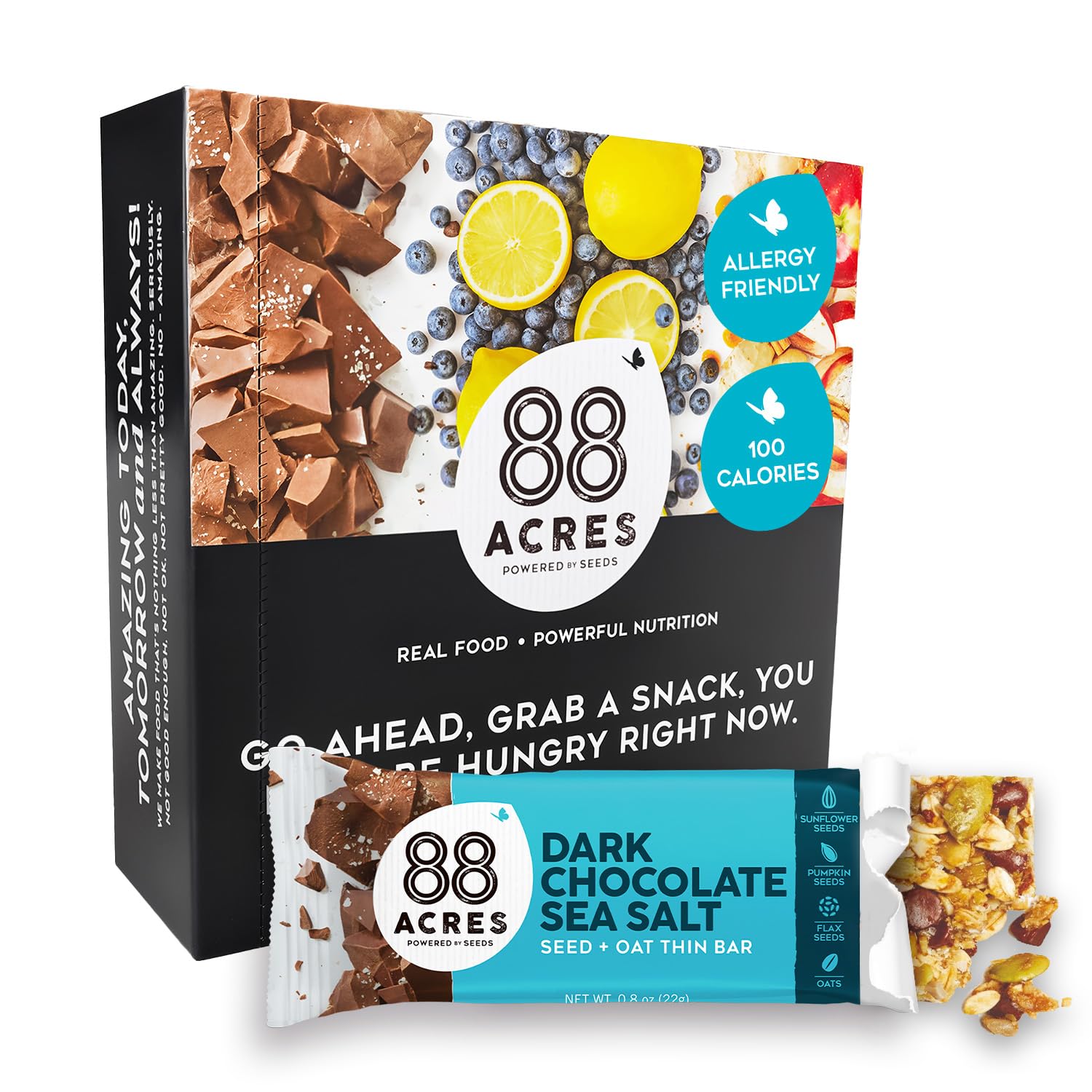 88 Acres Thin Granola Bars, Dark Chocolate Sea Salt, 18 Count, School Safe, Low Calorie, Allergen Free Seed & Oat Snack Bar, Gluten & Nut Free, Vegan