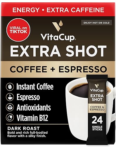 VitaCup Extra Shot Instant Coffee Packets with Espresso Shot, “Red Eye” High Caffeine, Bold Dark Roast w/Vitamin B12, Antioxidants, Premium Instant
