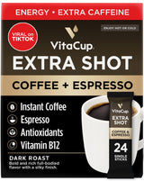 VitaCup Extra Shot Instant Coffee Packets with Espresso Shot, “Red Eye” High Caffeine, Bold Dark Roast w/Vitamin B12, Antioxidants, Premium Instant