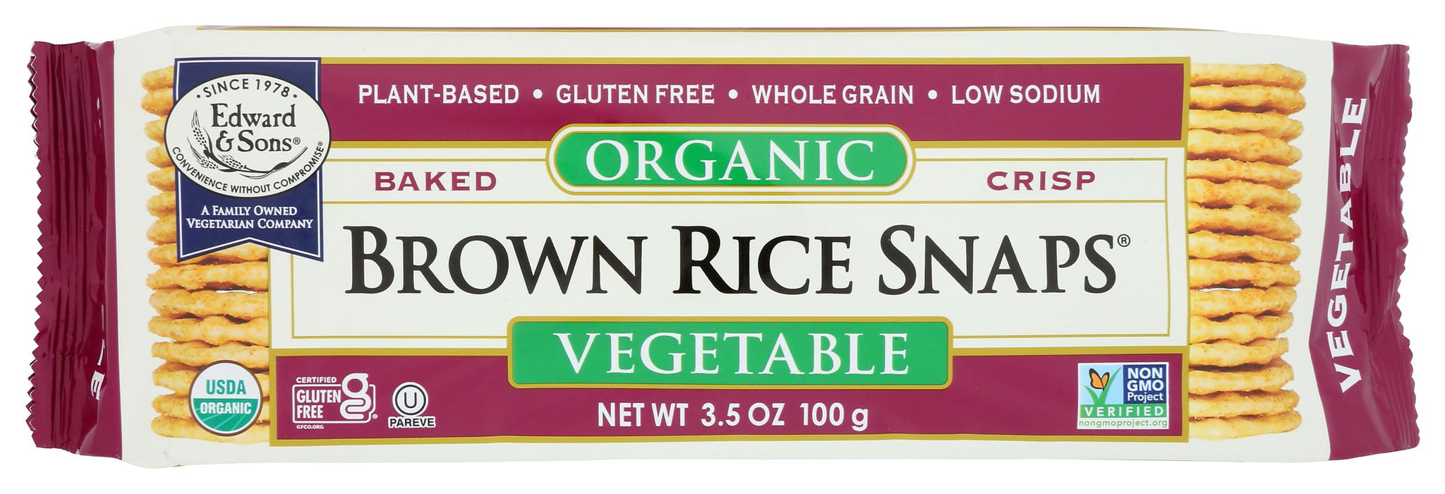 Edward & Sons, Organic Brown Rice Snaps Crackers, Vegetable, 3.5 oz
