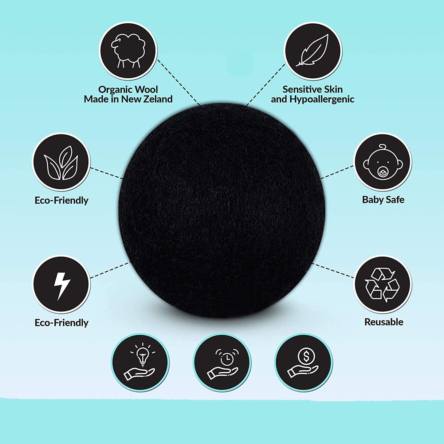 Woolous Black Dryer Balls, Natural Reusable New Zealand Eco Sheep Handmade XL Organic Wool Laundry Dryer Balls(XL,6pack)