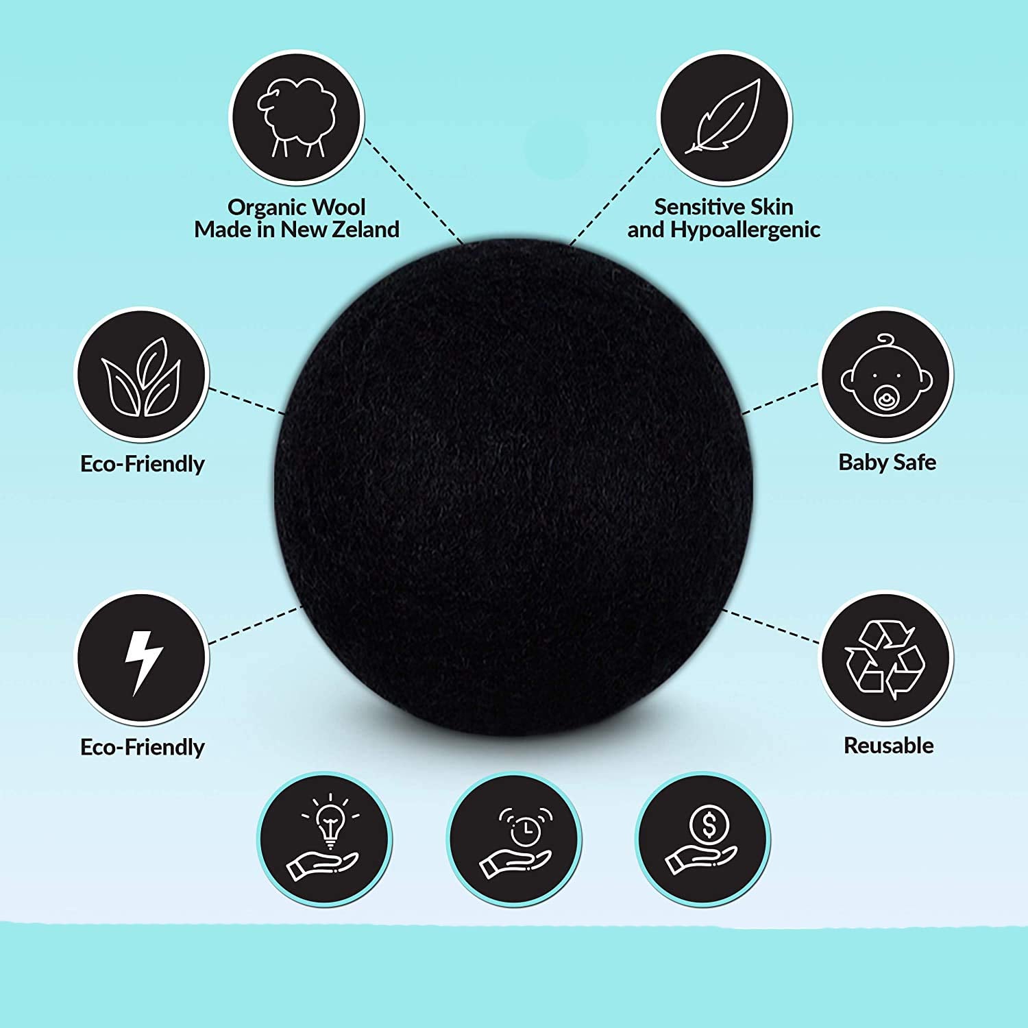 Woolous Black Dryer Balls, Natural Reusable New Zealand Eco Sheep Handmade XL Organic Wool Laundry Dryer Balls(XL,6pack)