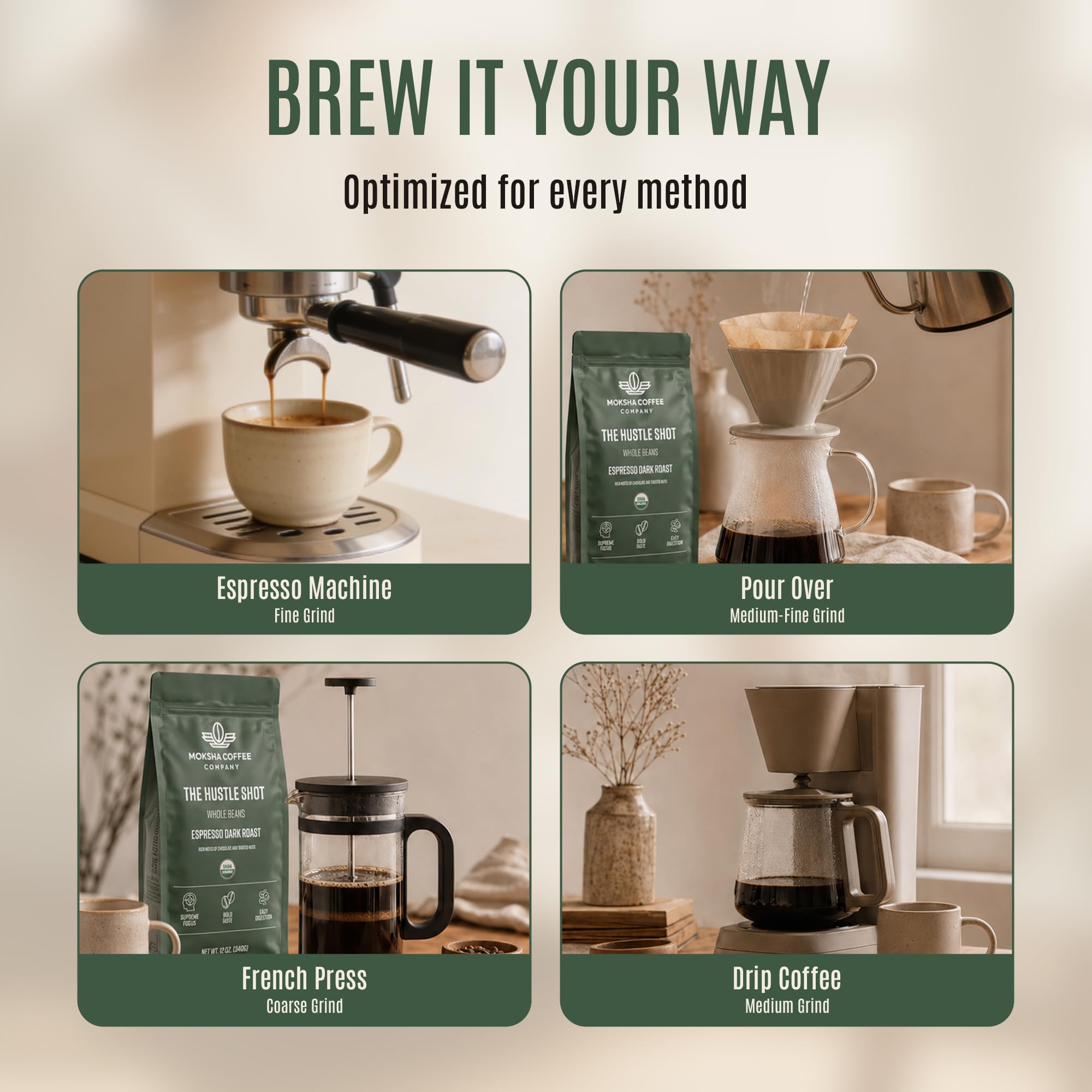 Moksha Organic Espresso Coffee Whole Beans, Premium Guatemala, Huehuetenango. Low Acid, Easy Digestion, Non-GMO. Coffee Beans Dark Roasted in Small