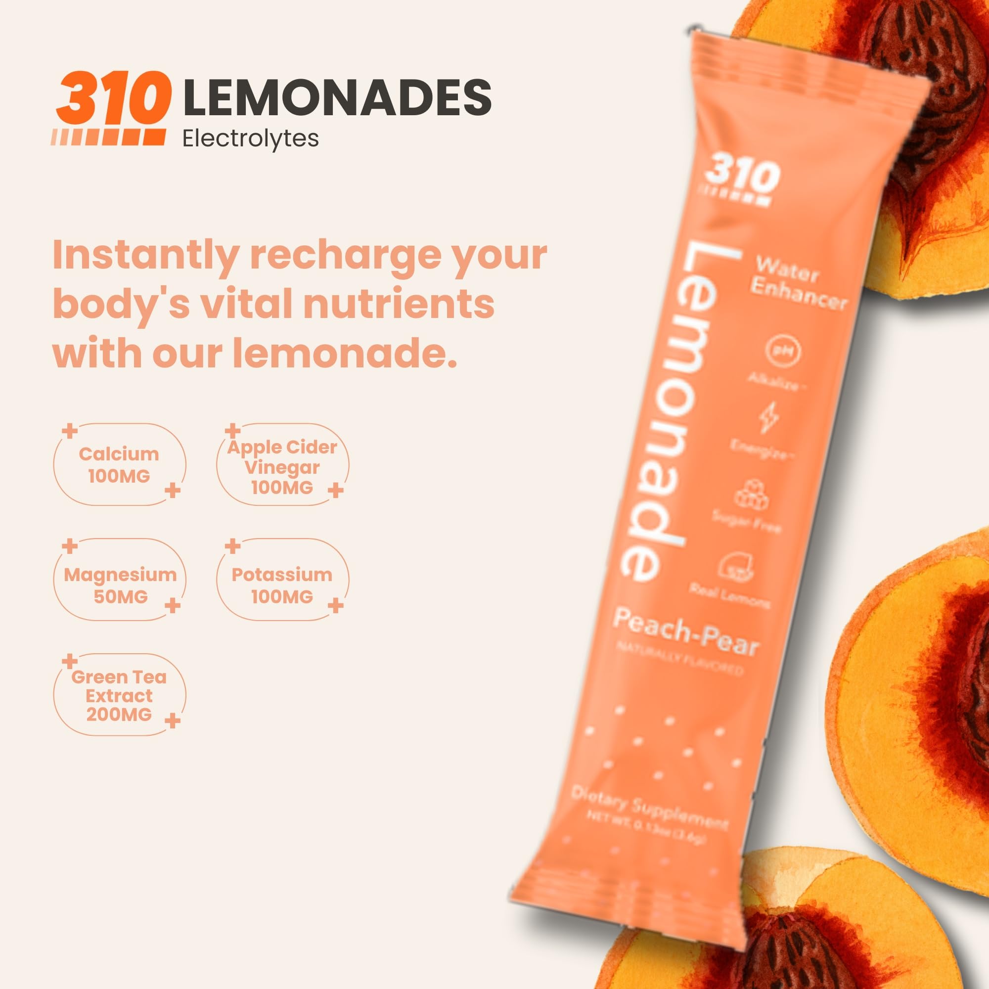310 Nutrition Electrolyte Lemonade Powder, Sugar-Free Hydration & Energy Drink Mix, Low-Calorie Water Flavoring Packets - Peach Pear Flavor - 30