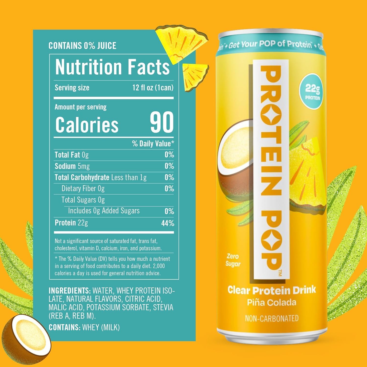 Protein Pop - Ready to Drink Clear Protein Shakes | 22g of Protein - Whey Protein Isolate Non-Carbonated - Zero Sugar (Piña Colada - 12 fl oz, 12