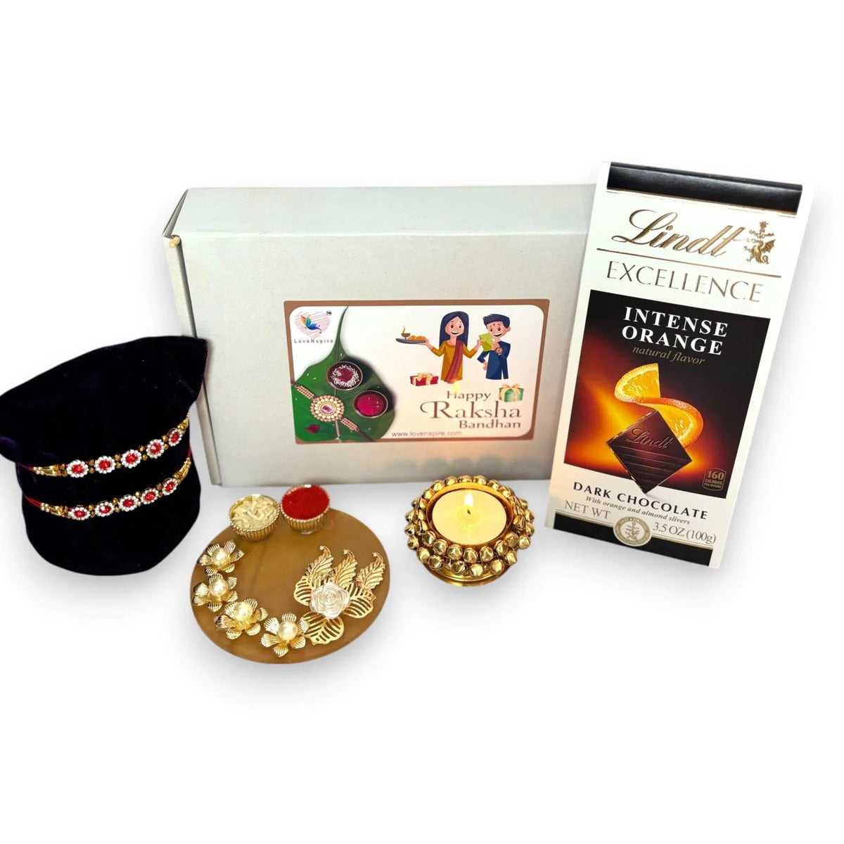 LoveNspire Rakhi Gift Hamper Set for Brother & Bhabhi - Set of 2 Bracelet Rakhis with Tealight Candle Holder, Haldi Kumkum Plate, Roli Chawal