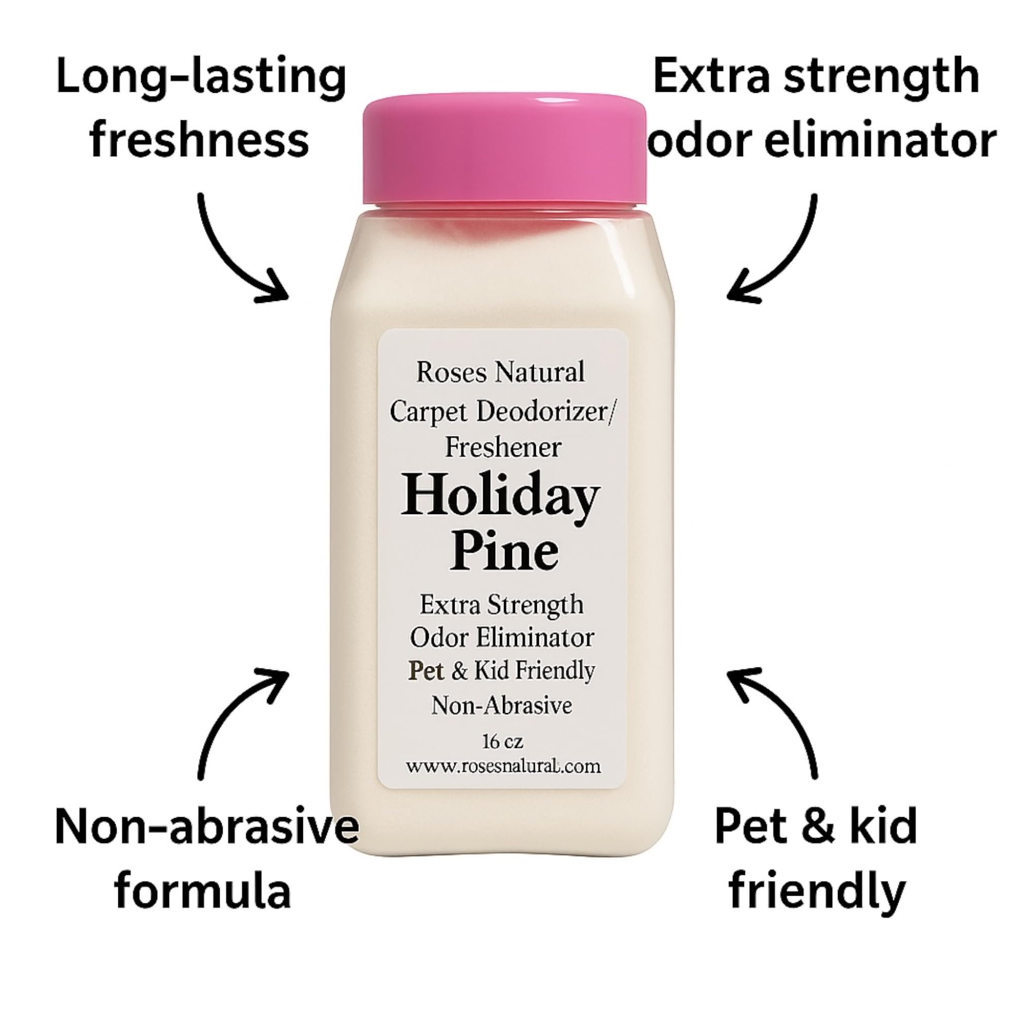 Roses Natural Carpet Deodorizer Powder - Holiday Pine, Long-Lasting Odor Eliminator, Plant-Based, Pet Friendly, 16 oz, Made in the USA