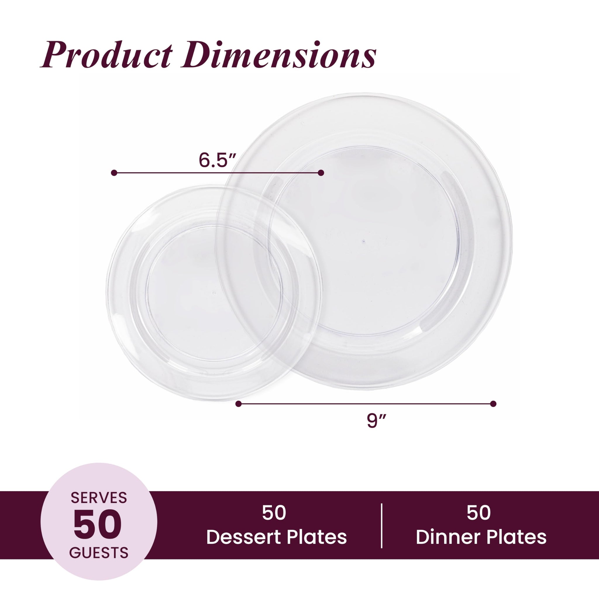 Aya's Cutlery Kingdom 100 Clear Plastic Plates for Party - Heavy Duty Disposable Set of 50 Dinner and 50 Dessert Plates - Elegant Plastic Disposable