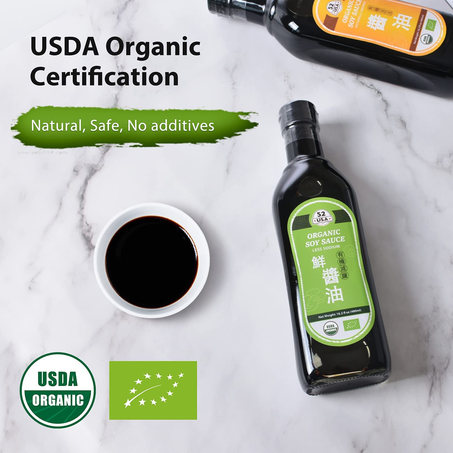 52USA Organic Low Sodium Soy Sauce, 16.2 oz (480ml), All Natural Seasoning for Cooking, Dipping and Asian Cuisine