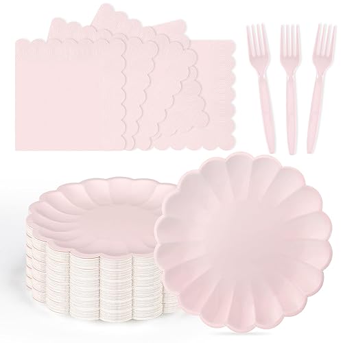 75 Pcs Pink Paper Plates and Napkins Disposable Tableware Set Include Light Pink Scalloped Plates with Shell Edge, Napkins & Forks for Mother's Day