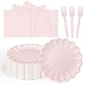 75 Pcs Pink Paper Plates and Napkins Disposable Tableware Set Include Light Pink Scalloped Plates with Shell Edge, Napkins & Forks for Mother's Day