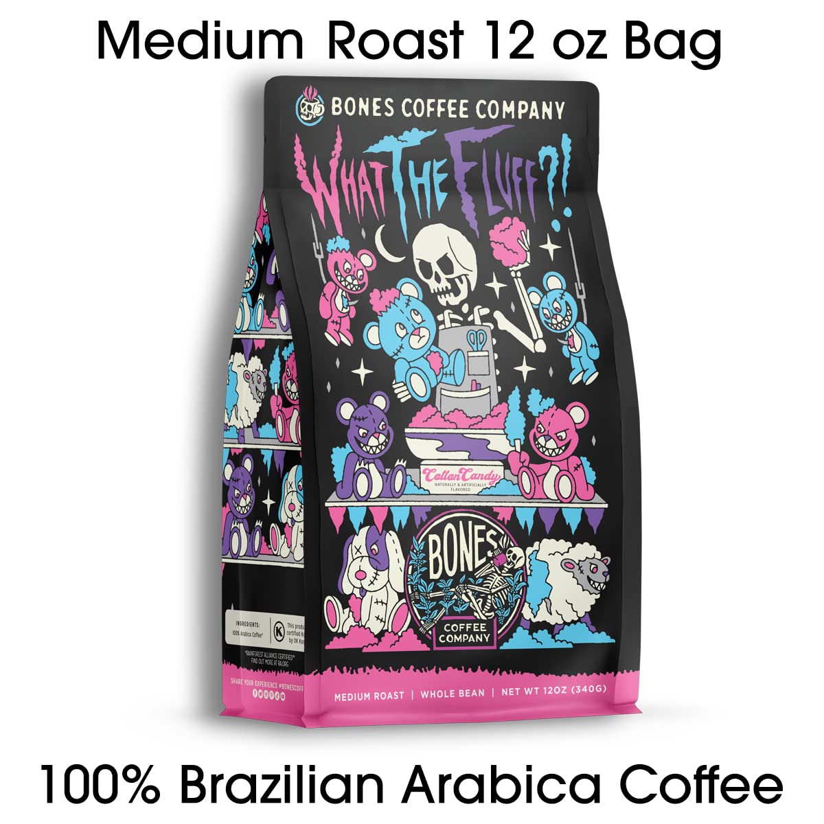 Bones Coffee Company What the Fluff?! Berry Cotton Candy Flavored Coffee, Medium Roast Low Acid Arabica Beans Compatible with Auto drip and French