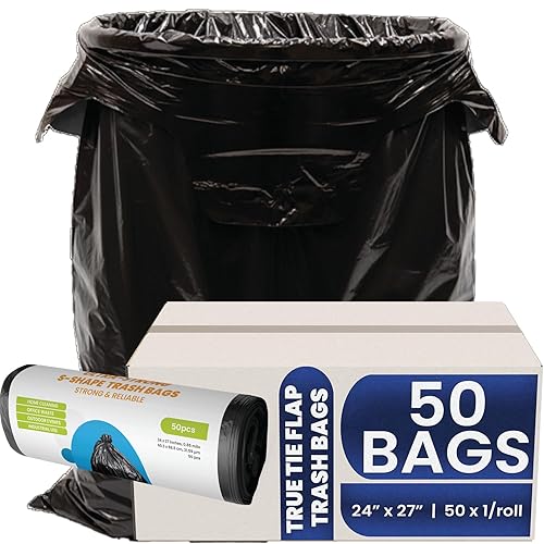 Melplas True Tie Flap (S-Cut) Trash Bags, 24×27 Inches, 0.85 Mil Thick, 50 Count - Flat Seal Bottom, 17 Gallon Capacity