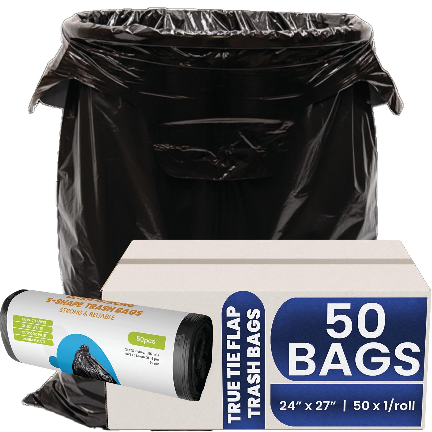 Melplas True Tie Flap (S-Cut) Trash Bags, 24×27 Inches, 0.85 Mil Thick, 50 Count - Flat Seal Bottom, 17 Gallon Capacity