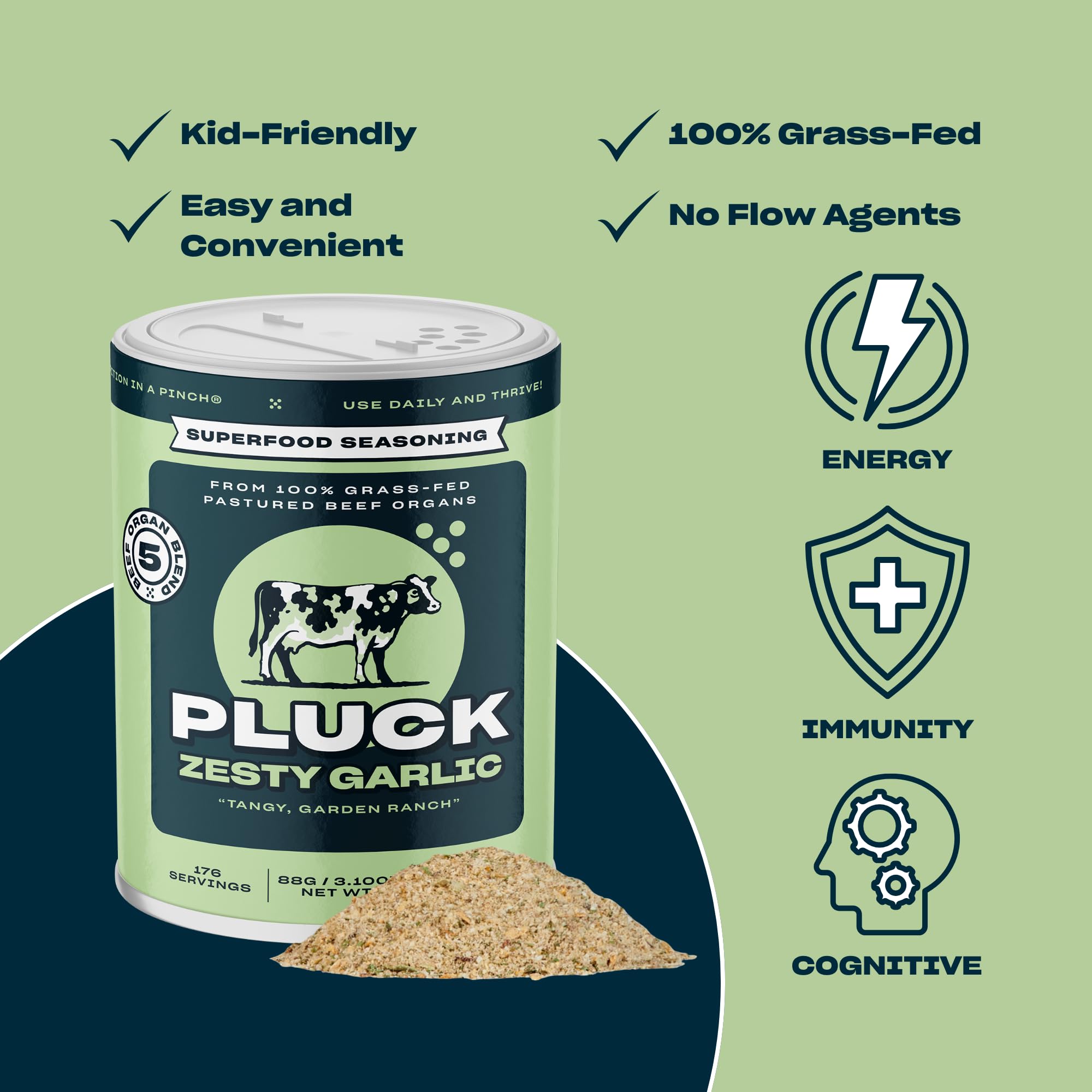 Pluck Zesty Garlic Organ Meat Blend Seasoning | From Grass-Fed & Grass-Finished Pastured Beef Organs with Redmond Real Sea Salt | As Seen on ABC’s