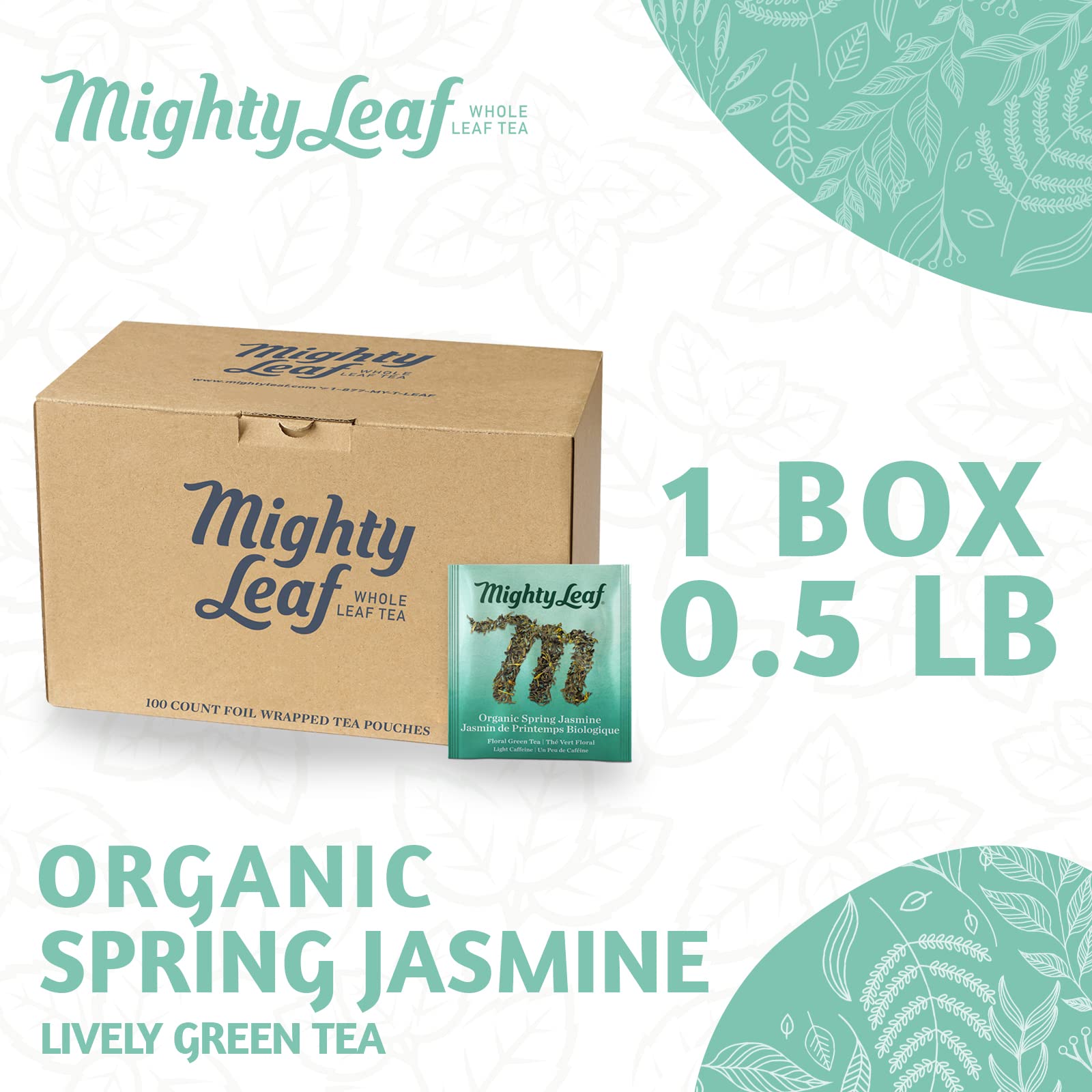 Mighty Leaf Spring Jasmine Green Tea - Premium - Foil Wrapped for Freshn - 100 Count Tea Pouches - Premium Green Tea with Rich Flavor - Individually