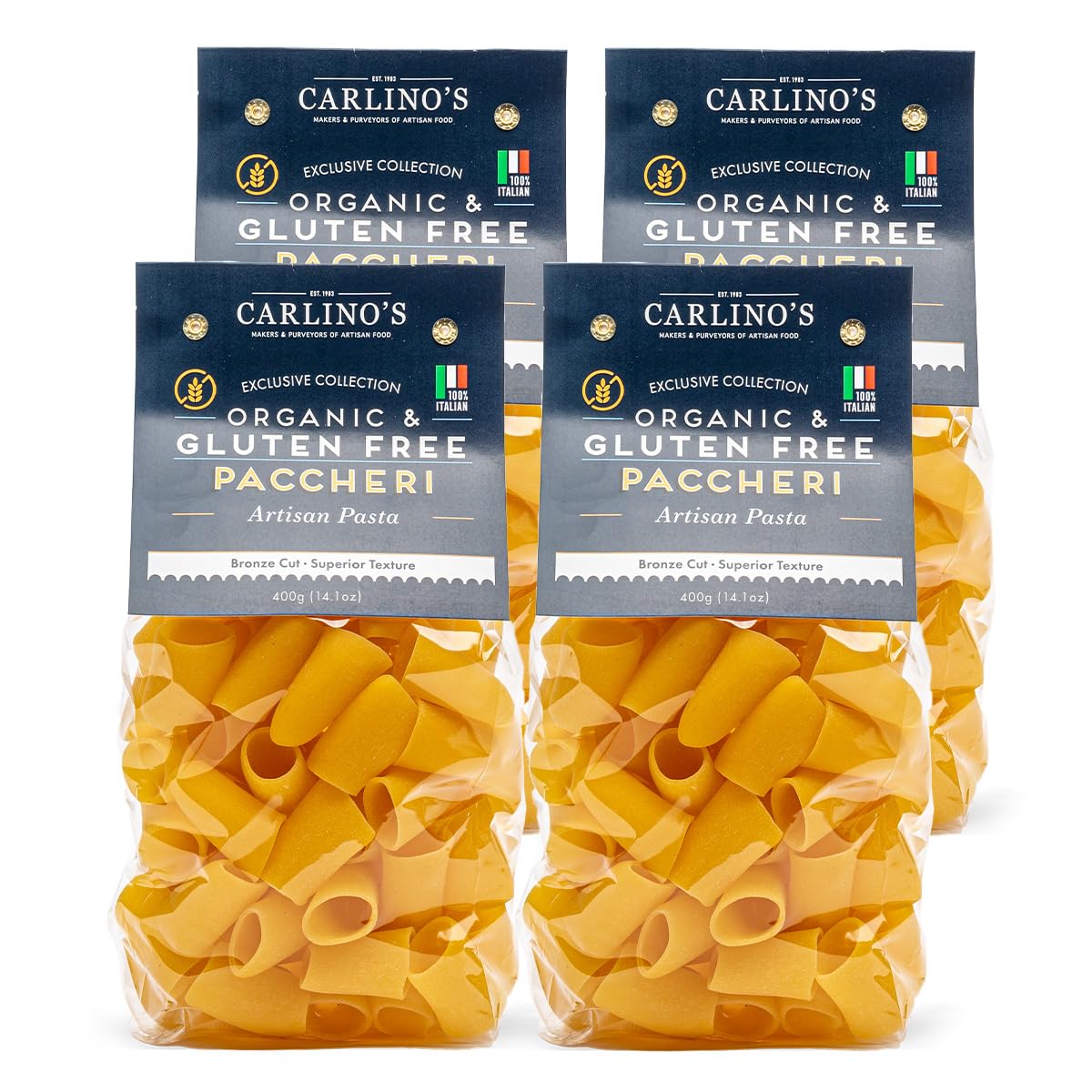 Carlino's Gluten-Free Paccheri | Organic Corn and Rice Flour | Bronze Die Cut | Air Dried | Sugar-Free | Superior Texture, USDA Organic, Made in