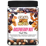 Grab Our Nuts Raspberry Nut Trail Mix 40 Ounce Jar: White Confectioners Drops, Roasted Almonds, Raspberry Flavored Dried Cranberries, Raisins, Raw
