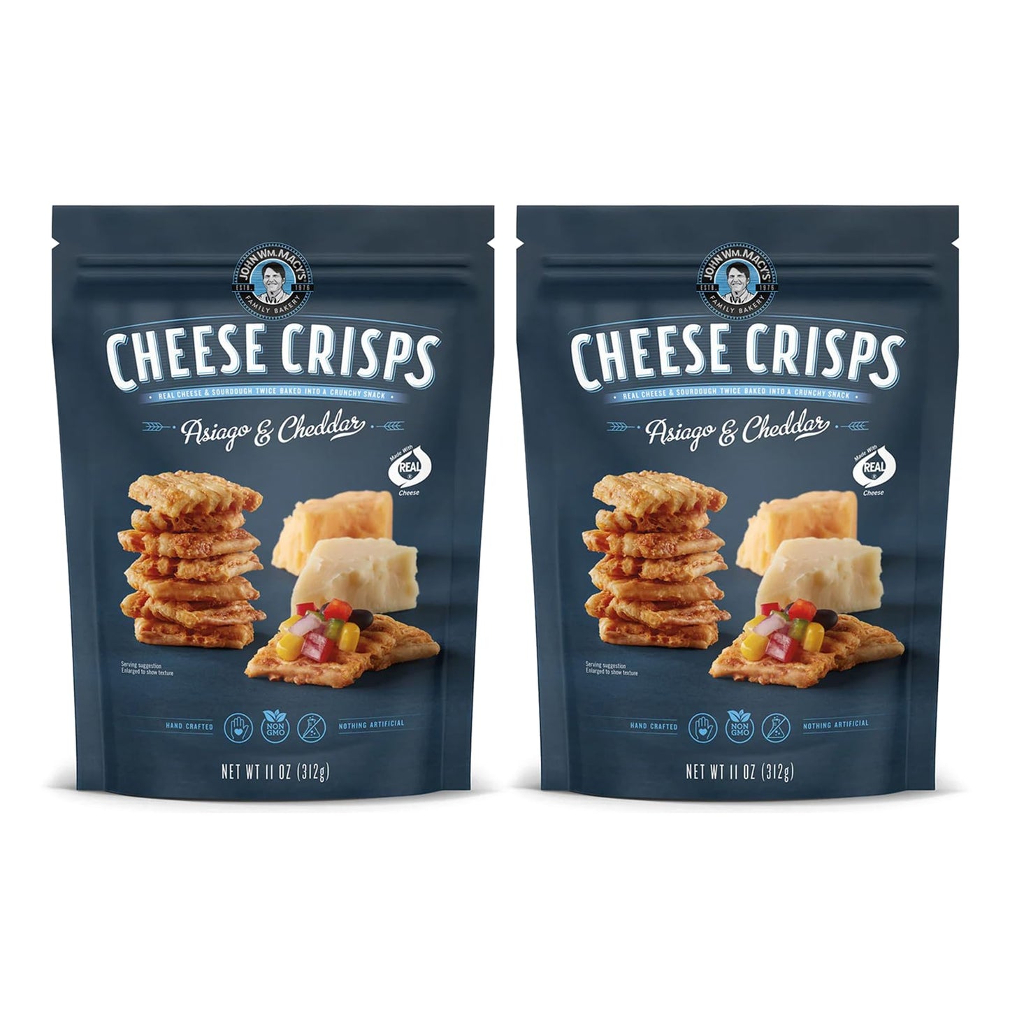 John Wm. Macy - Asiago & Cheddar Cheese Crisps - Hand Crafted, Non GMO, and Nothing Artificial - Made with Real Cheese - 11 oz. Bags - 2 Pack