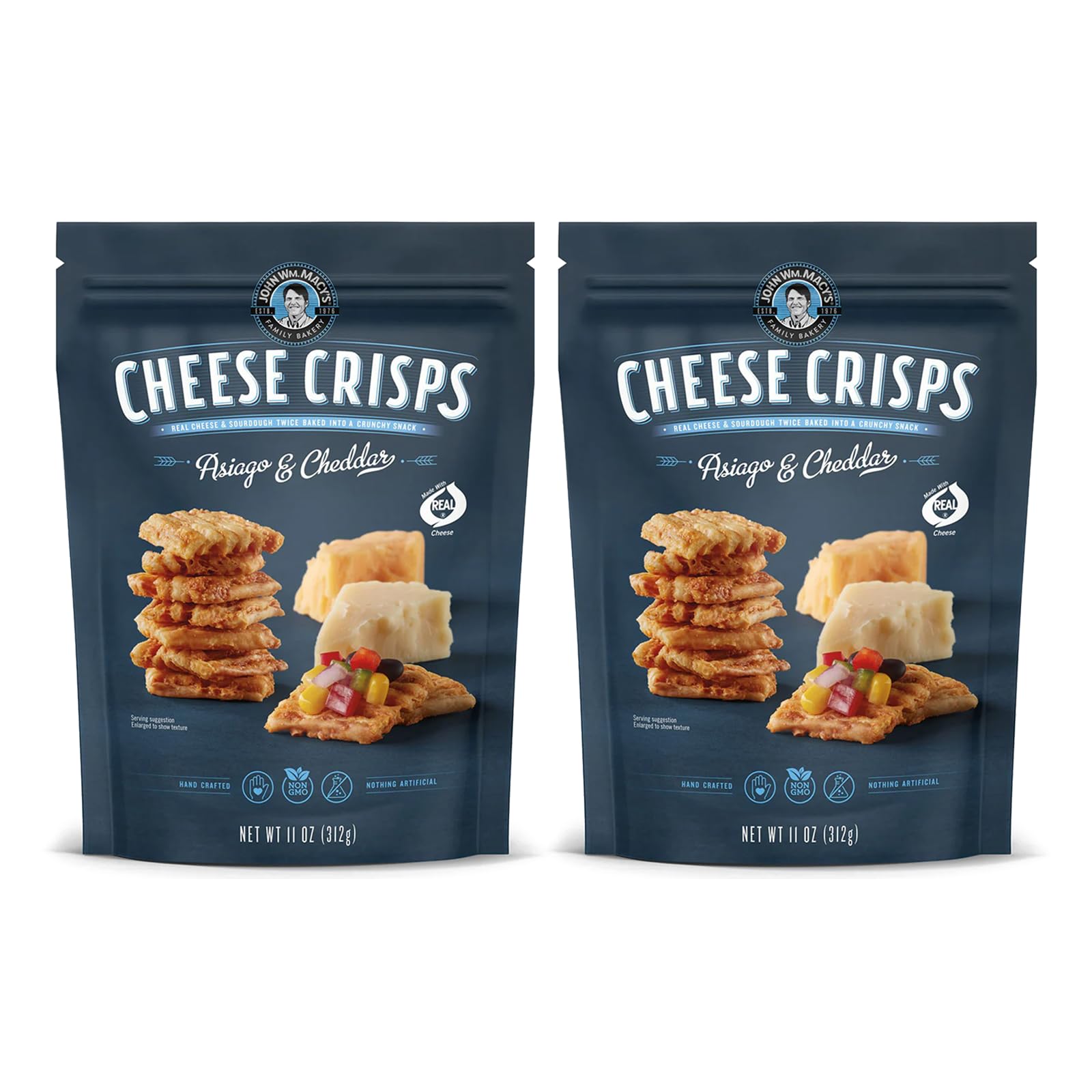 John Wm. Macy - Asiago & Cheddar Cheese Crisps - Hand Crafted, Non GMO, and Nothing Artificial - Made with Real Cheese - 11 oz. Bags - 2 Pack